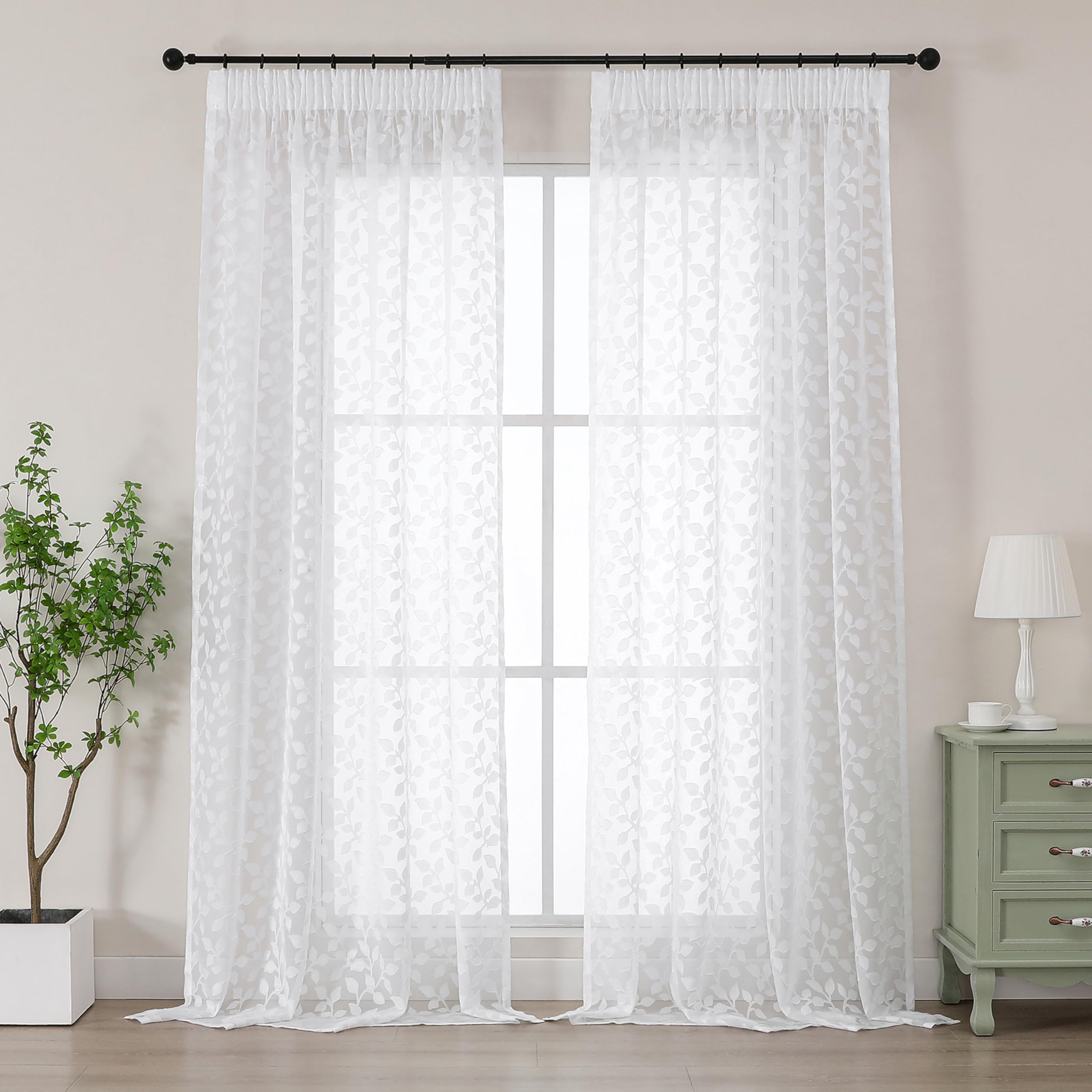 Simplebrand White Sheer Curtains Charlton Leaf 2 Panels W140 x L220cm, Clip Jacquard Pencil Pleat Drapes, Semi-Sheer Window Curtains for Living Room Bedroom, Light Filtering Elegant Voile Curtains