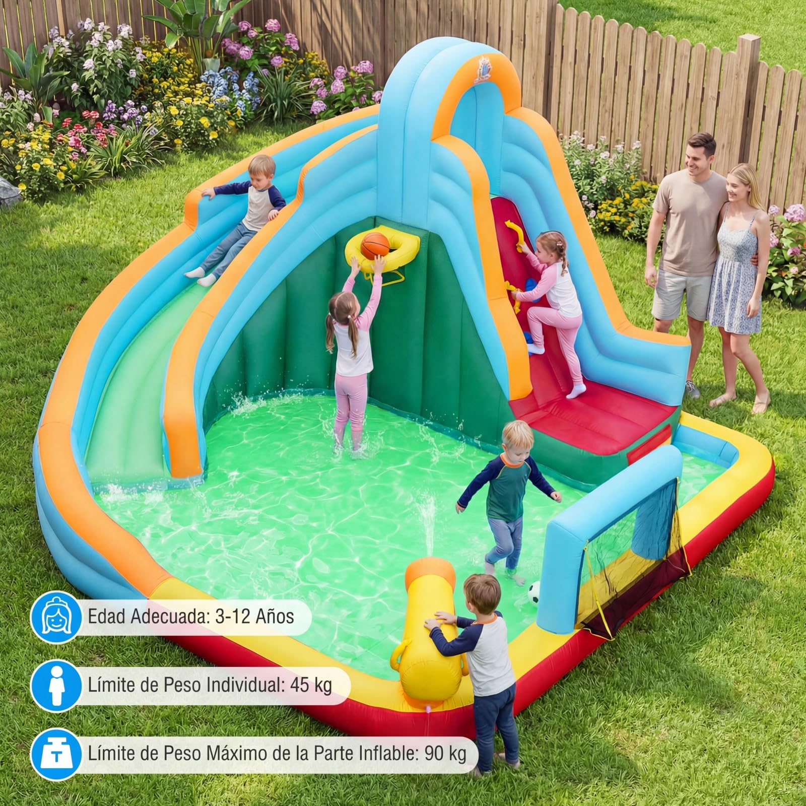 COSTWAY Castillo Hinchable Niños con Tobogán AcuáTico, Parque Infantil Inflable con Bolas Oceánicas, Fútbol, Baloncesto, Muro de Escalada, Aro, Portería y Cañón de Agua para 3 a 12 Años (Sin Soplador)