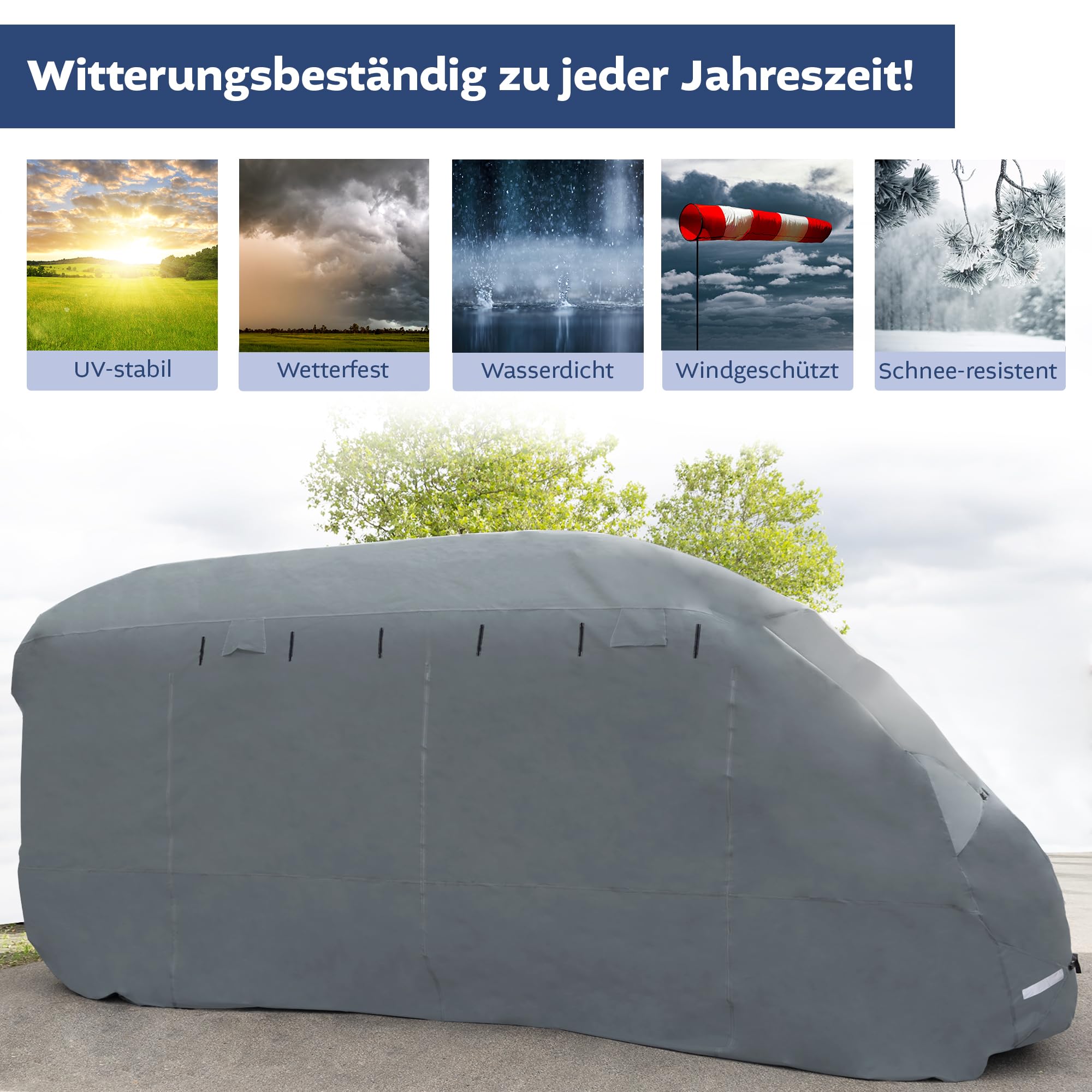 NATIV Schutzhülle für Wohnmobil | UV-resistente Abdeckplane für Ihr Wohnmobil | universelle Passform | Polyamid | Dach wasserdicht, Seitenteile wasserabweisend | grau | 610 x 235 x 275 cm