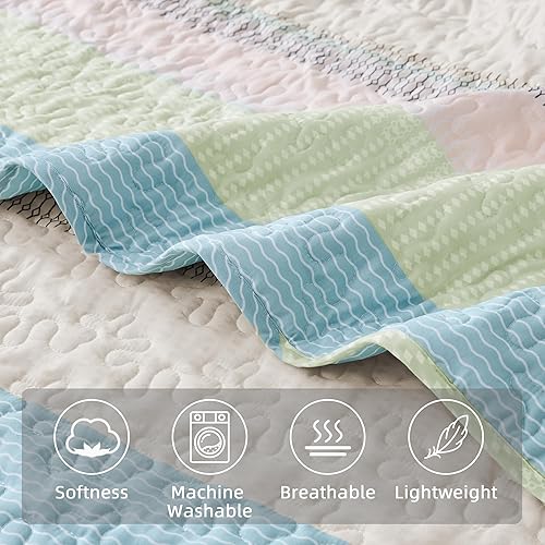 Miniatura 35 de Andency - Juego de ropa de cama Queen, edredón de patchwork azul mineral, 3 piezas, colcha de verano a rayas ultra suave y ligera, juego de 18 -