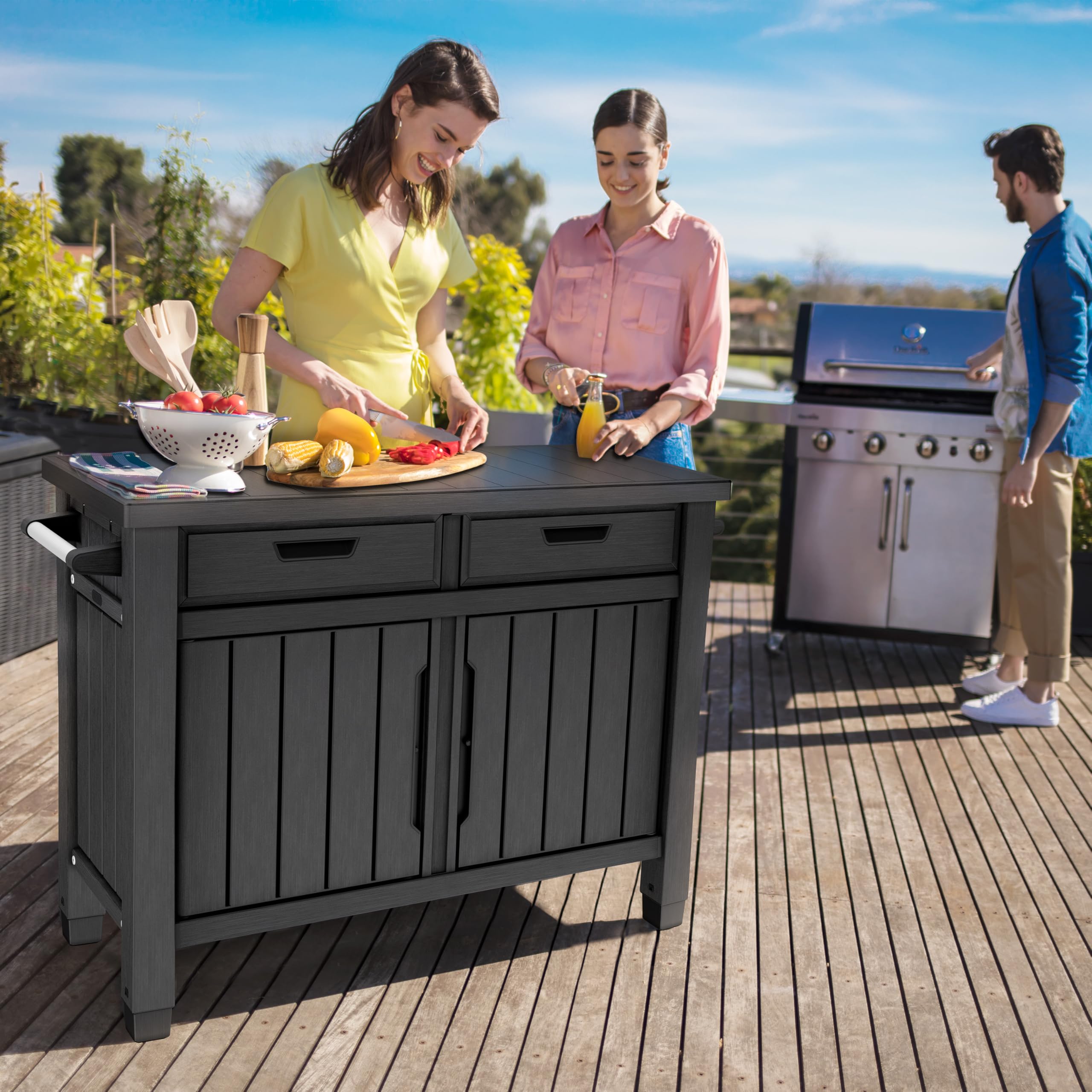 Keter Mobile Barbecue Unity XL, ideale come supporto per la preparazione del barbecue,134x51,7x90H cm, Grafite