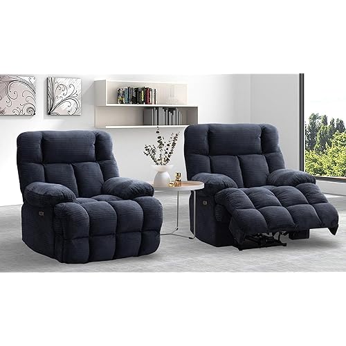 Oversized Power Zero Gravity Recliner Chairs for Adults, Electric Reclining 0 Gravity Chair for Big Man,Soft Fabric Overstuffed Single Recliners with USB Charger Port for Living Room, Blue, Set of 2