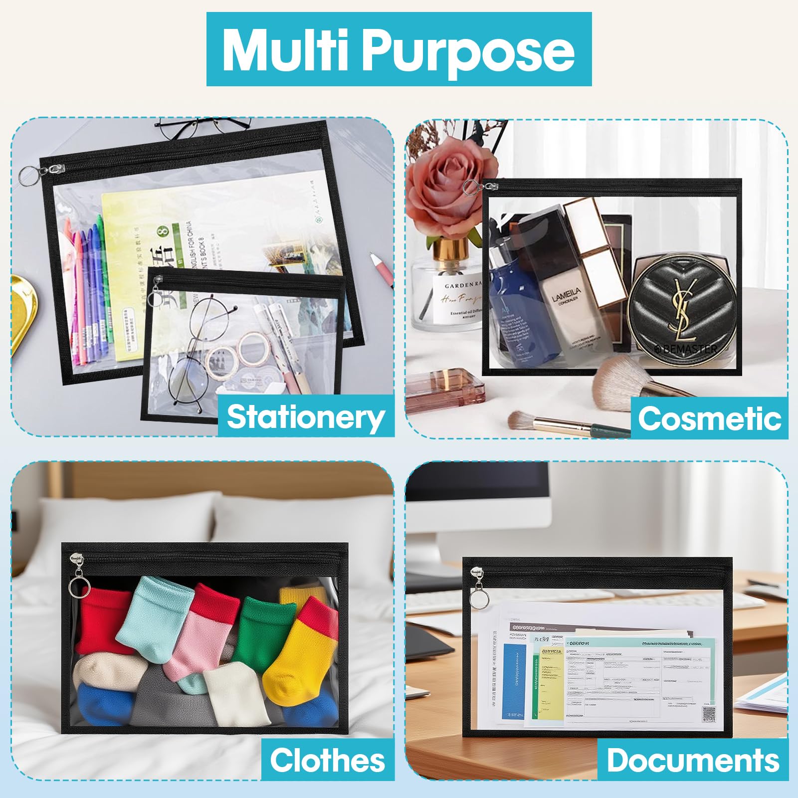 Pochettes transparentes à fermeture éclair pour organiser | Enveloppes de maquillage en PVC durable pour le rangement de documents, les voyages et les fournitures scolaires (3 tailles)