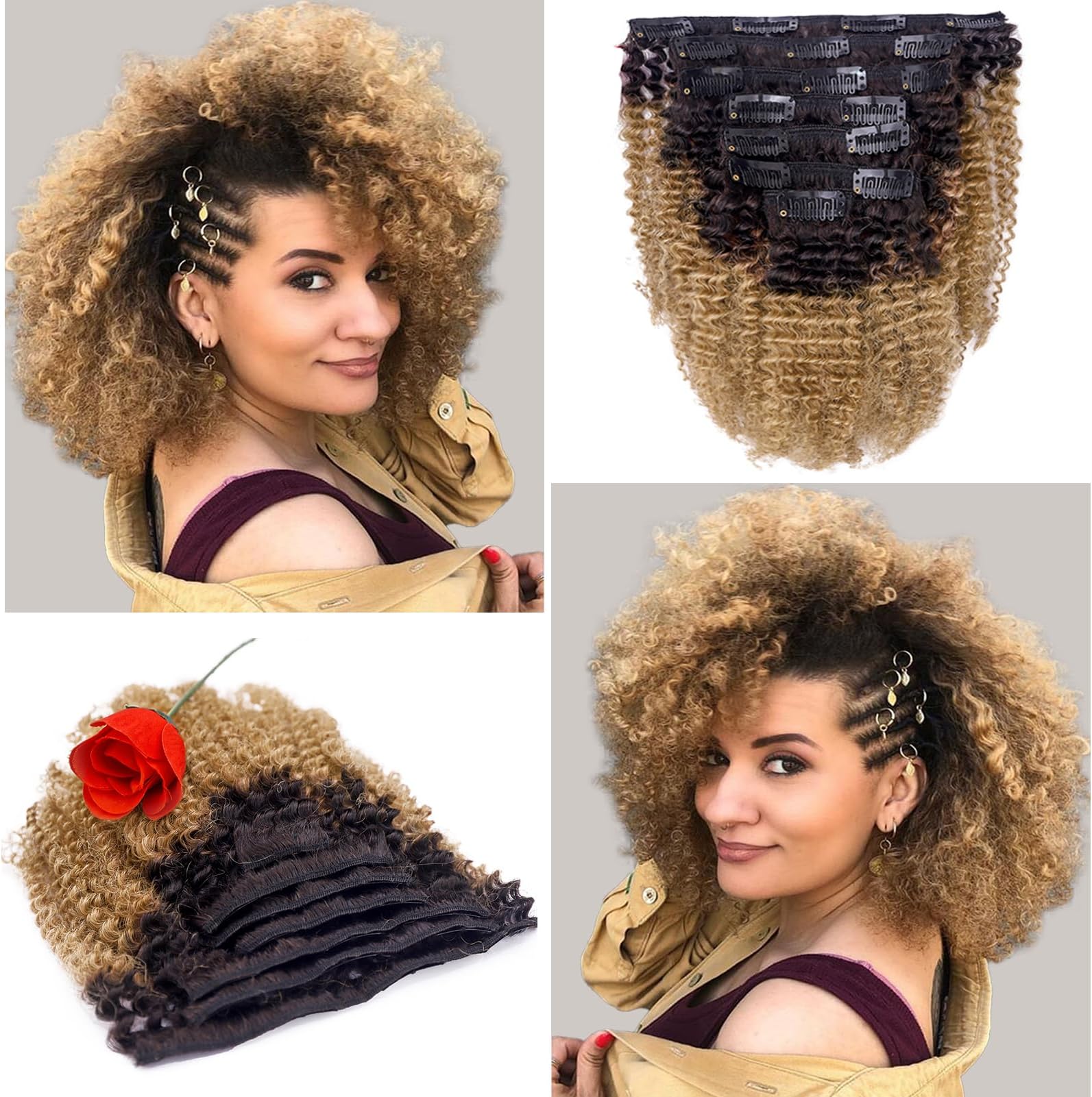 Anrosa Afro Kinky Curly Clip in Hair Extensions Human Hair 10 Inch Kinky Curly Clip in Hair Extensions 3C 4A Curly Hair Extensions for Black Women Ombre #1B/27 120G