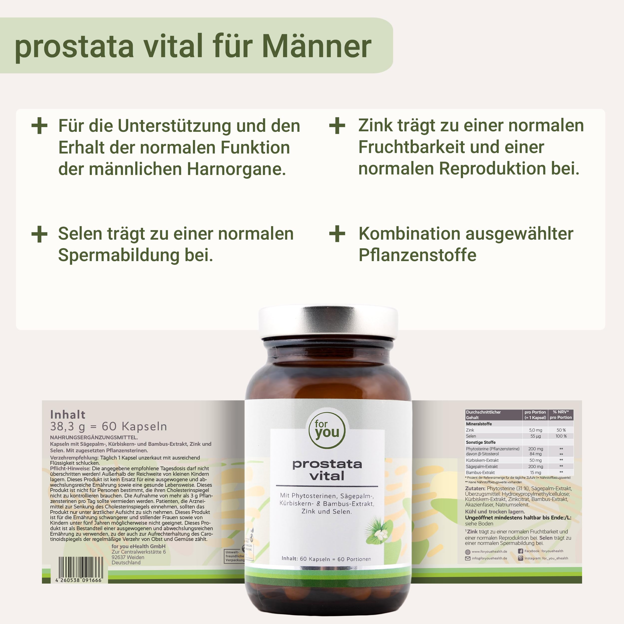 for you prostata vital 2x 60Kapseln- mit Phytosterinen, Sägepalm-, Kürbiskern- & Bambus-Extrakt, Zink, Selen - Vitalstoff-Komplex für die Unterstützung der normalen Funktion der männlichen Harnorgane