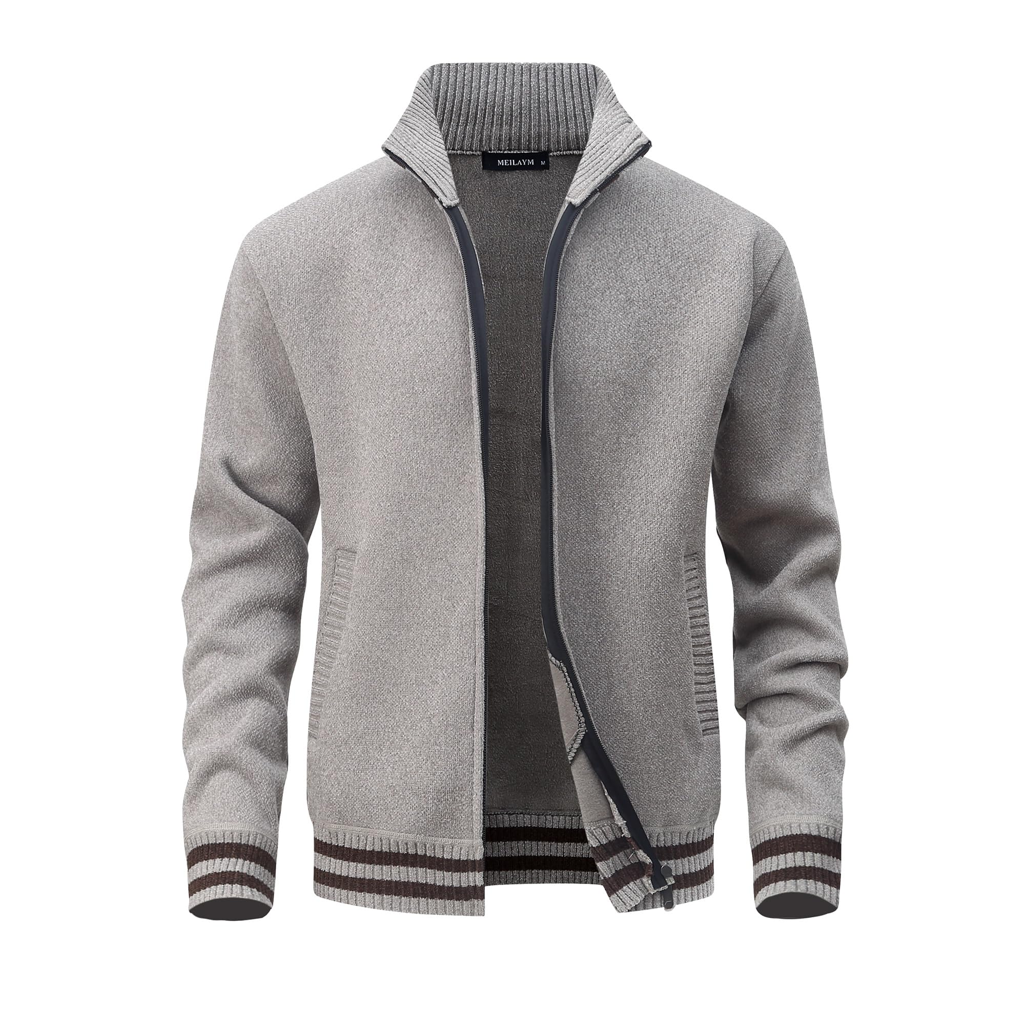 MeiLayM Gebreide cardigan voor heren, grof gebreide jas met volledige ritssluiting, opstaande kraag, warme trui, winterjas, casual, lange mouwen met zakken, fleece gevoerd, warme buitenkleding, Blauw