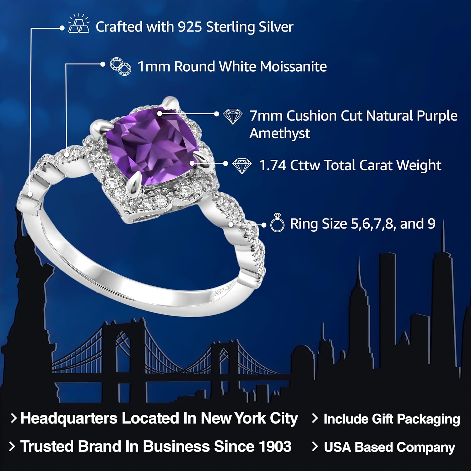 Gem Stone King 7MM Cushion Cut Gemstone Birthstone and White Moissanite Solitaire Engagement Ring For Women | 925 Sterling Silver | Available in Size 5, 6, 7, 8, 9 - Image 2