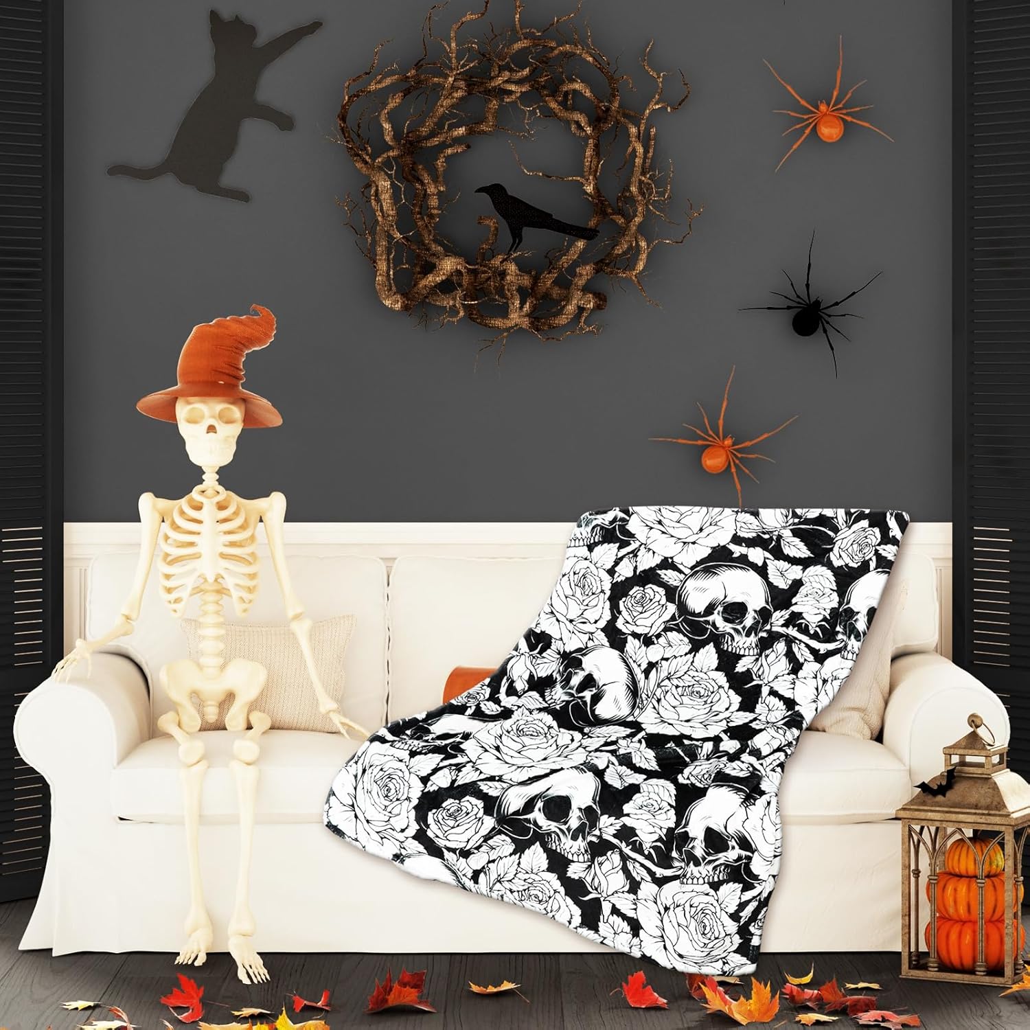 JarThenaAMCS Halloween Blanket Black White Skull Flower Fluffy Throw Blanket Soft Cozy Decorative Bedspread for Halloween Home Bed Sofa Couch Chair, 50 x 60 Inch - Image 7