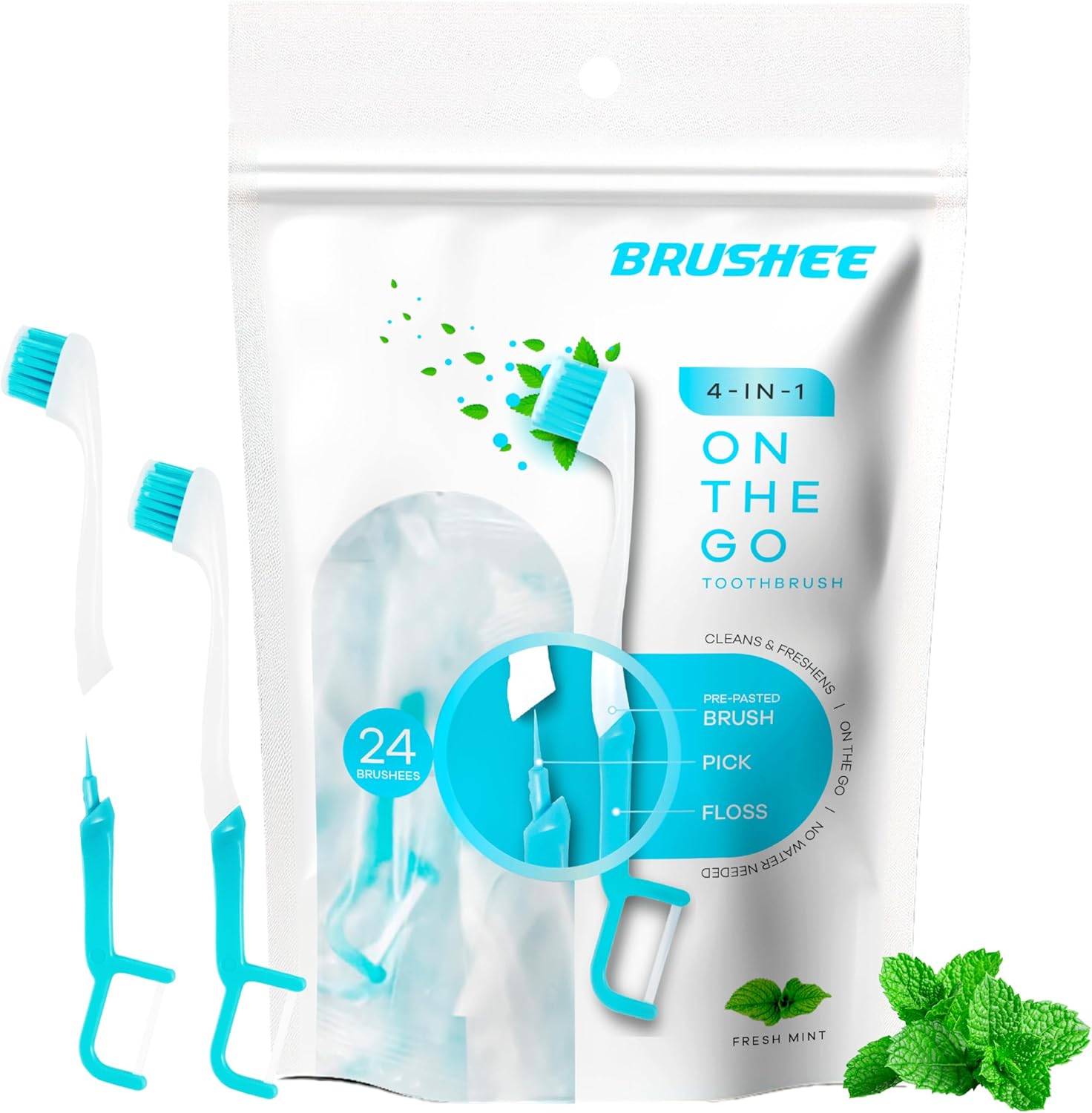 Brushee - The Evolution of Oral Care | 4-in-1 Tool (Paste + Brush + Floss + Pick) | Individually Wrapped | Disposable | Prepasted Travel Toothbrushes | Small Adult Toothbrush - (48-Pack)