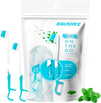 Brushee - The Evolution of Oral Care | 4-in-1 Tool Paste + Brush + Floss + Pick | Individually Wrapped | Disposable | Prepasted Travel Toothbrushes | Small Adult Toothbrush - 120-Pack