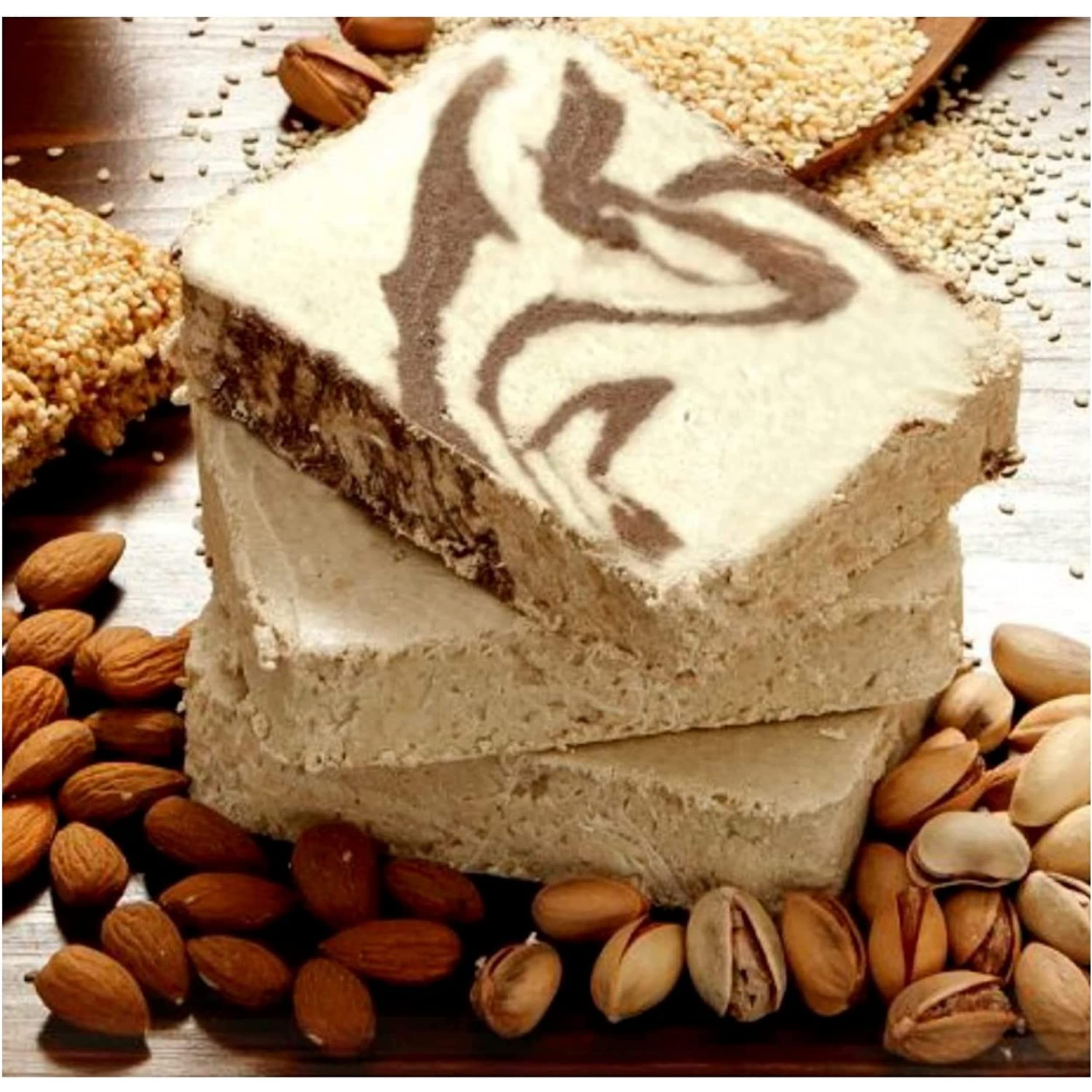 HALVA400-Halva Con Gota De Pistacho O Vainilla (Lote De 2 cajas) Muy apreciado por todo el mundo rico en nutrientes, proteínas y calcio, un excelente postre para grandes y pequeños.