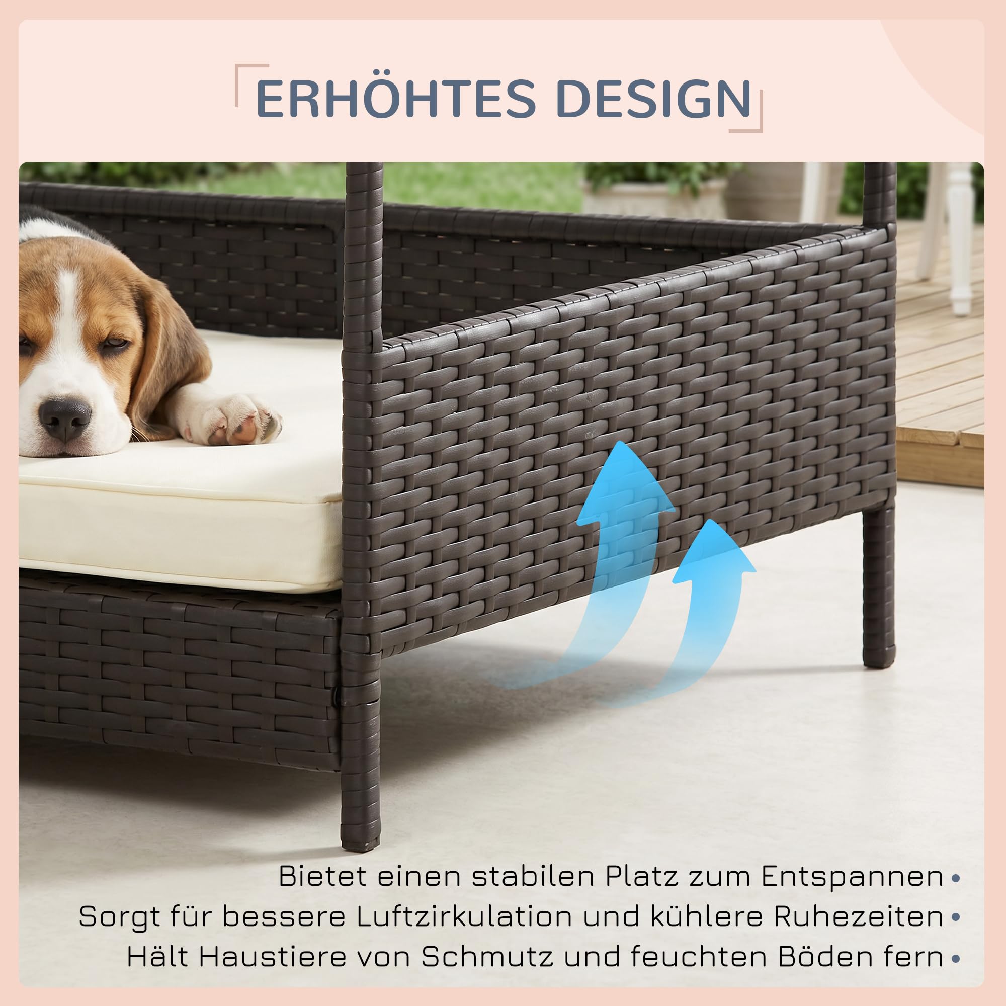 PawHut Rattan Hundeliege Outdoor mit Dach 69 x 98 x 70 cm Kaffee-Braun | Erhöhtes Hundebett, Kühlende Haustierliege mit Metallrahmen, Abnehmbare Kissen, für Kleine und Mittelgroße Hunde