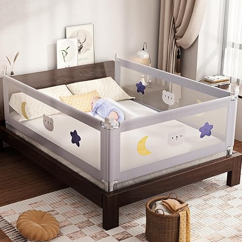 omzer Bed Rail for Toddlers - Baby Bed Guard Rail with Double Child Lock, Safety Bedrail for Children Kids with Pattern, Infants Height Adjustment Guardrail for Full Queen King Size - 1 Pack, 78.74”
