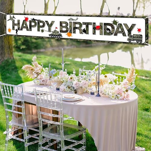 Miniatura 6 de Cartel grande de camuflaje de feliz cumpleaños, letrero de camuflaje para cumpleaños, suministros de fiesta de cumpleaños del ejército, decoración