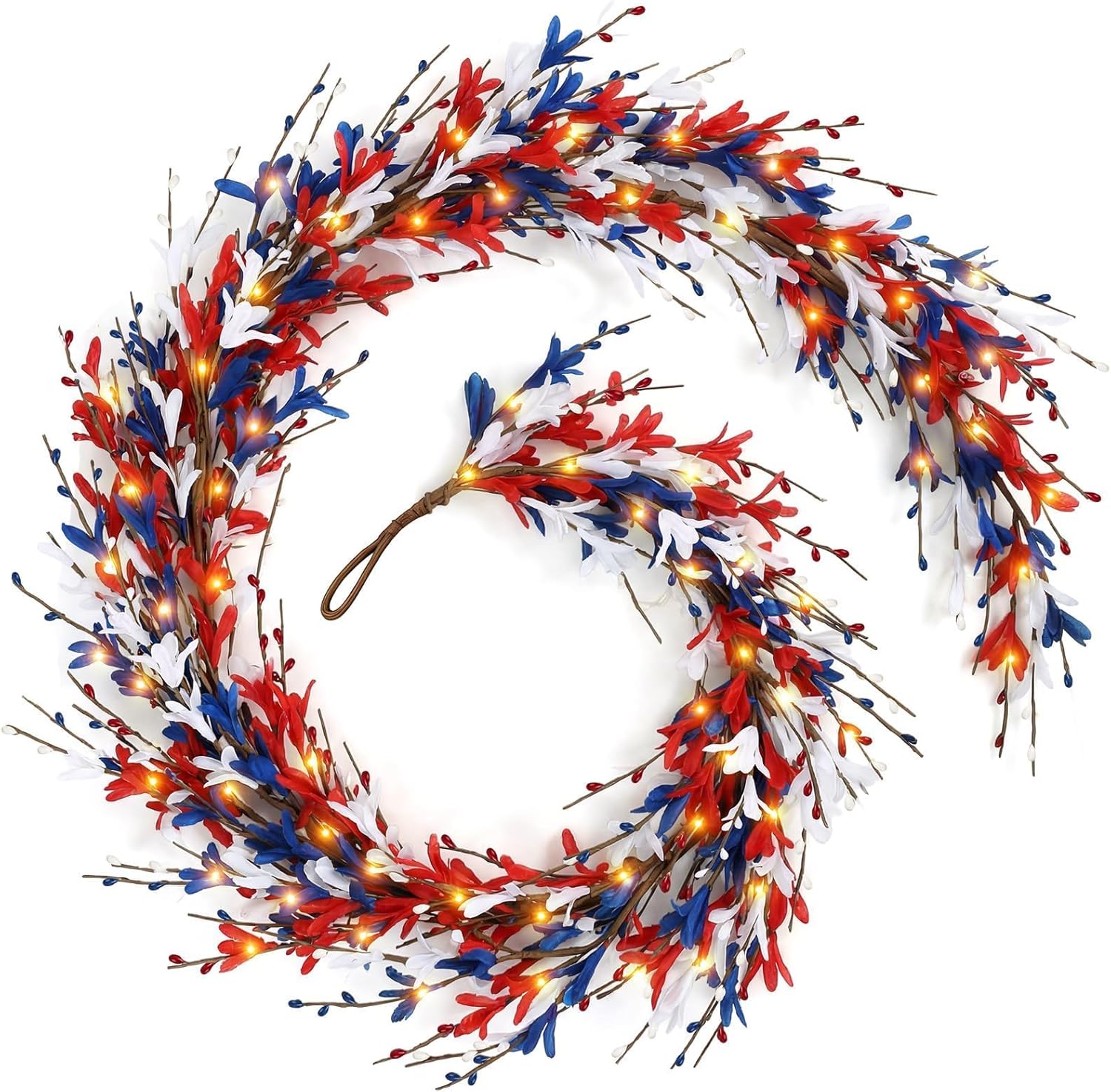 6.5 Ft 4th of July Patriotic Garland Independence Day Red White Blue Forsythia Flowers Garland for Memorial Day and Veterans Day Summer Fireplace Indoor Outdoor Home Mantle Fireplace Table Decorations
