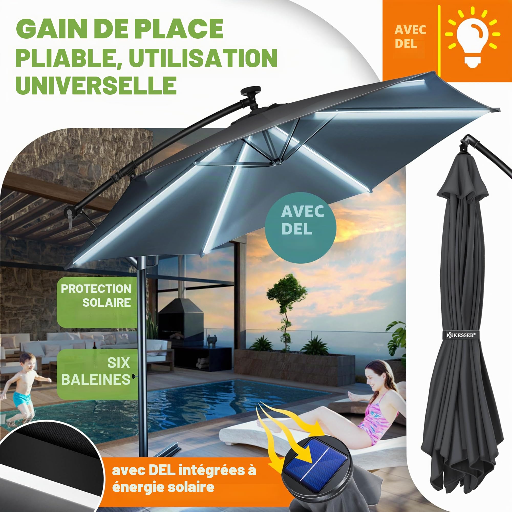 KESSER Parasol solaire LED en aluminium - Diamètre 300 cm - Télécommande, housse, cordes de sécurité - Manivelle, support - 360 ° - Protection UV