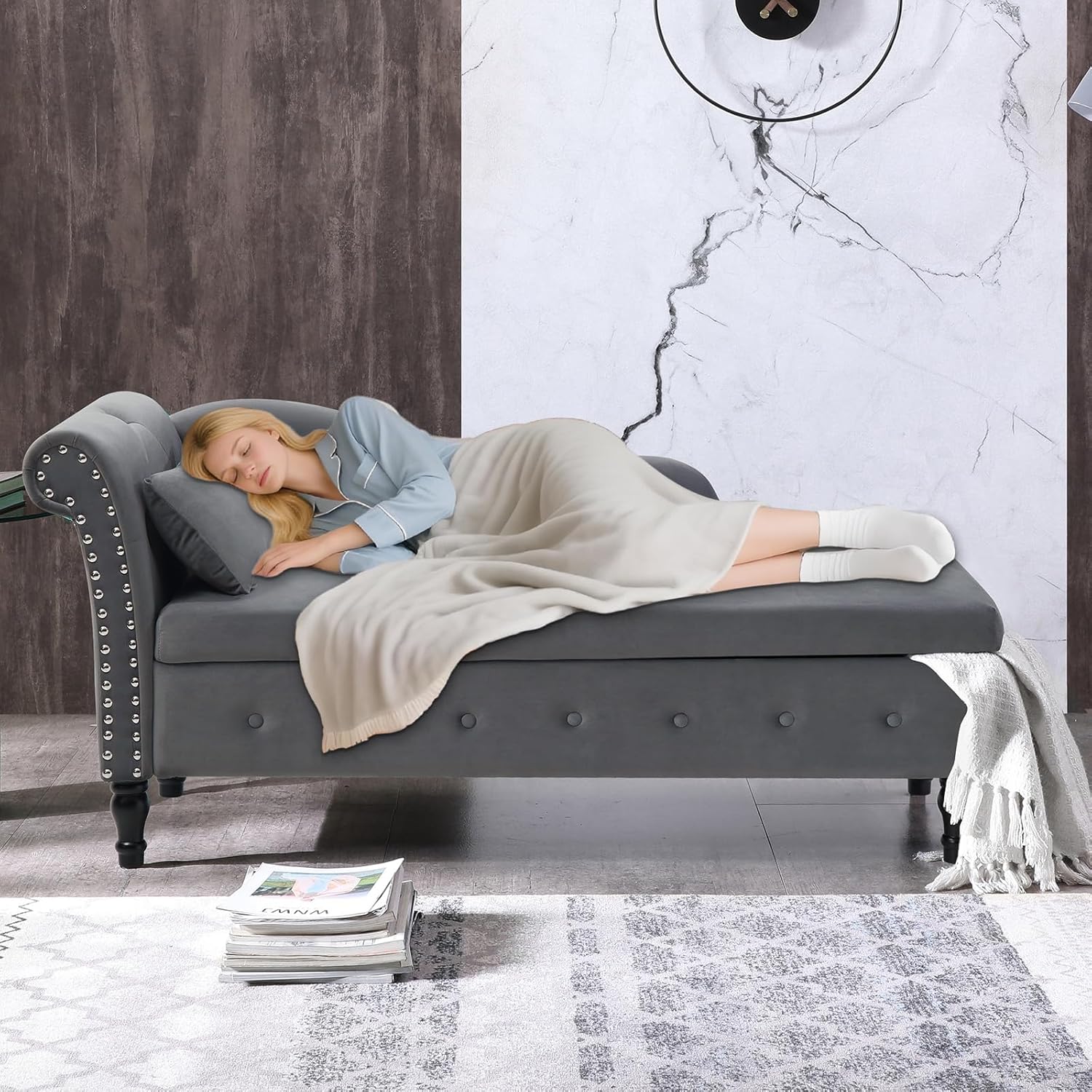 Anwick Chaise Lounge Indoor Tufted Fabric, Modern Upholstered Recliner Lounge Chair for Living Room Bedroom, Sleeper Lounge Sofa (Grey+Storage)
