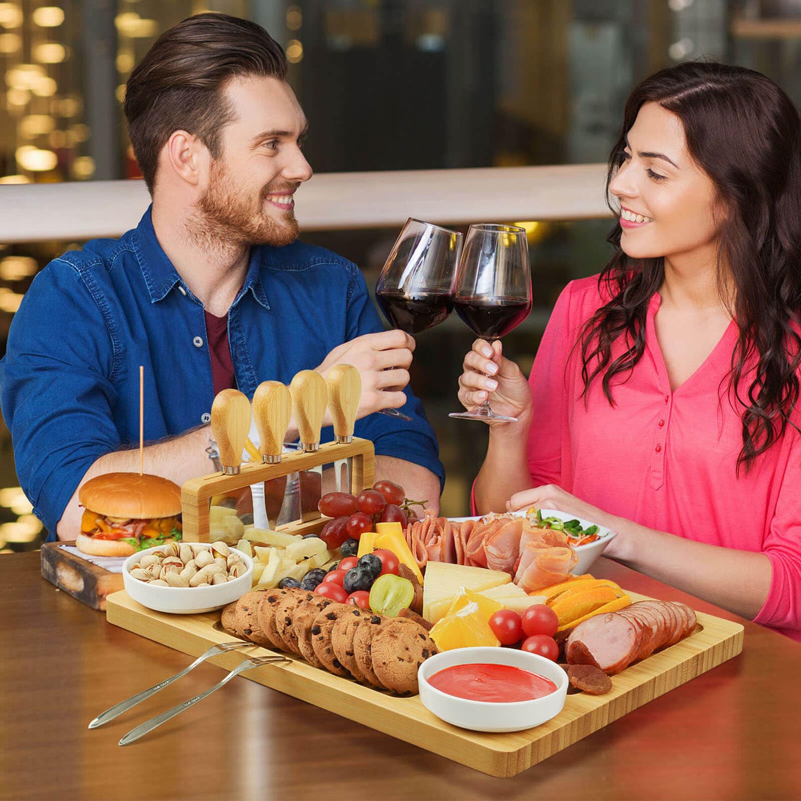 Juego de tablas para charcutería, tabla de queso, tabla de queso grande de bambú y juego de cuchillos, tabla de cortar, bandeja de queso para Navidad, boda, regalos de inauguración de la casa