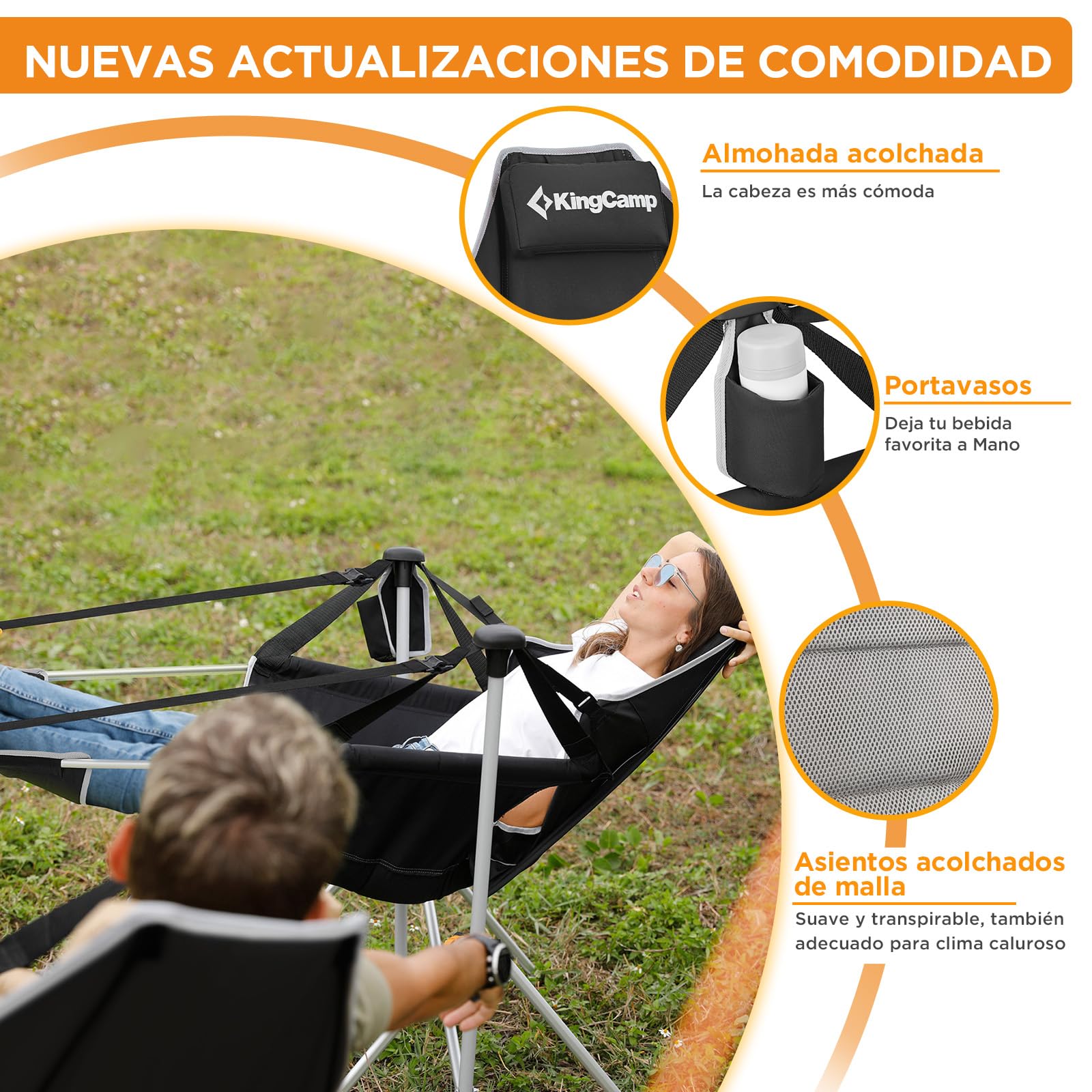 KingCamp Silla Mecedora de Camping con Reposapiés Plegable Negra | Respaldo Reclinable 90-130°, Balanceo Suave, Hasta 180 kg, Reposacabezas, Aluminio, Portavasos para Camping y Jardín