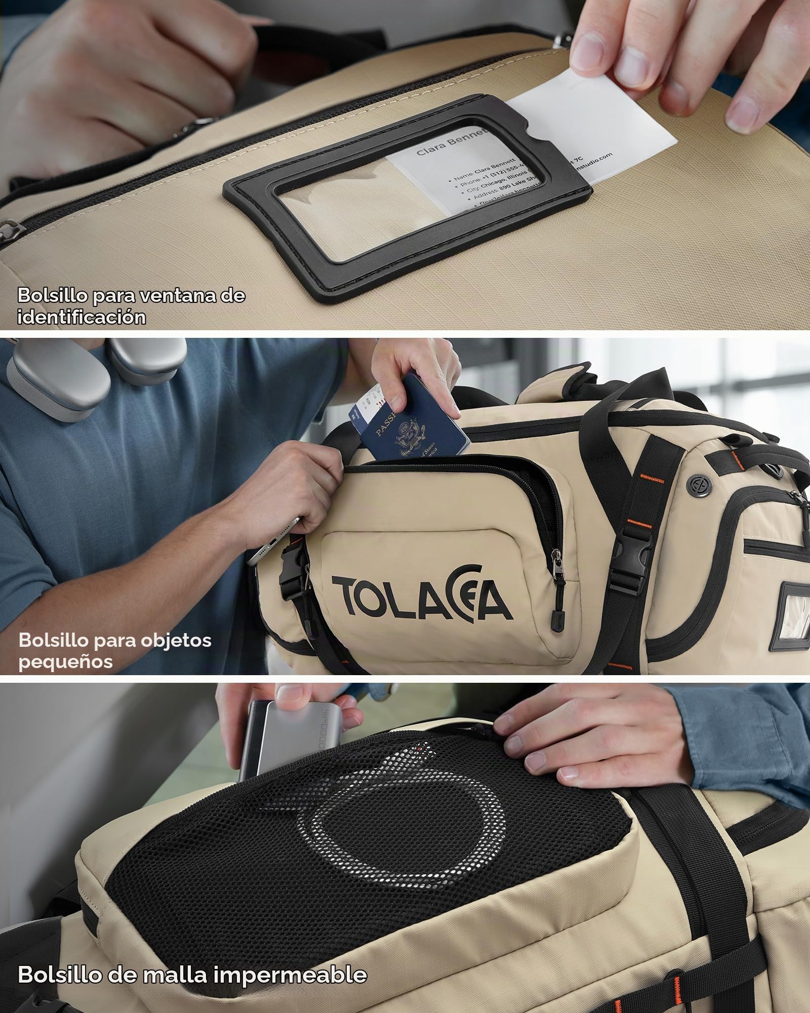 Tolaccea Bolsa de Deporte 40L para Hombres y Mujeres – Mochila de Viaje Convertible con Compartimento para Zapatos, Bolsillo Húmedo y Portátil 15,6"–Impermeable para Gimnasio, Fitness y Viajes (Kaki)