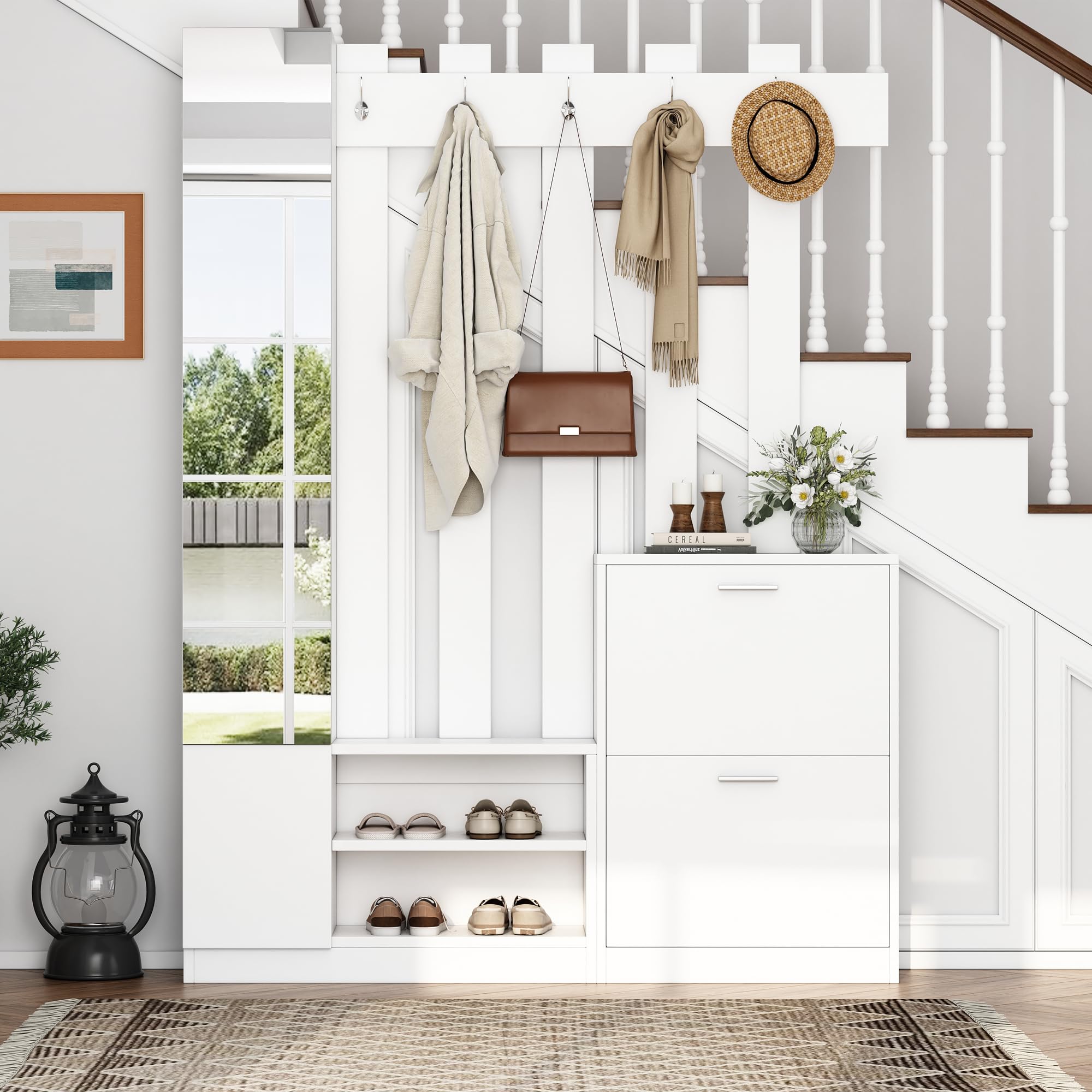 Garderobenset Wandgarderobe mit Klapptüren Schuhschränken und Spiegel, Weiß, 135x25x180 cm