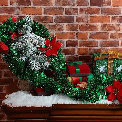 Miniatura 7 de Wettarn 60 ft Christmas Tinsel Garland Lighted Prelit Metallic Garland Artificial Red Poinsettia Glitter Tinsel Garland for Indoor Outdoor Winter