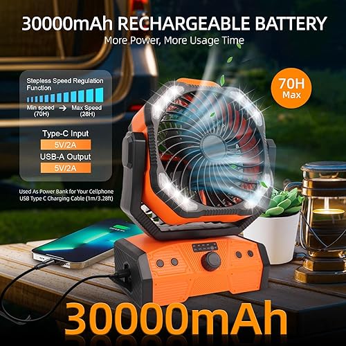 Miniatura 2 de ELZO Ventilador de campamento de 30000 mAh con luz LED, máximo 70 horas de trabajo, portátil, recargable, para tienda de campaña, ventilador USB con