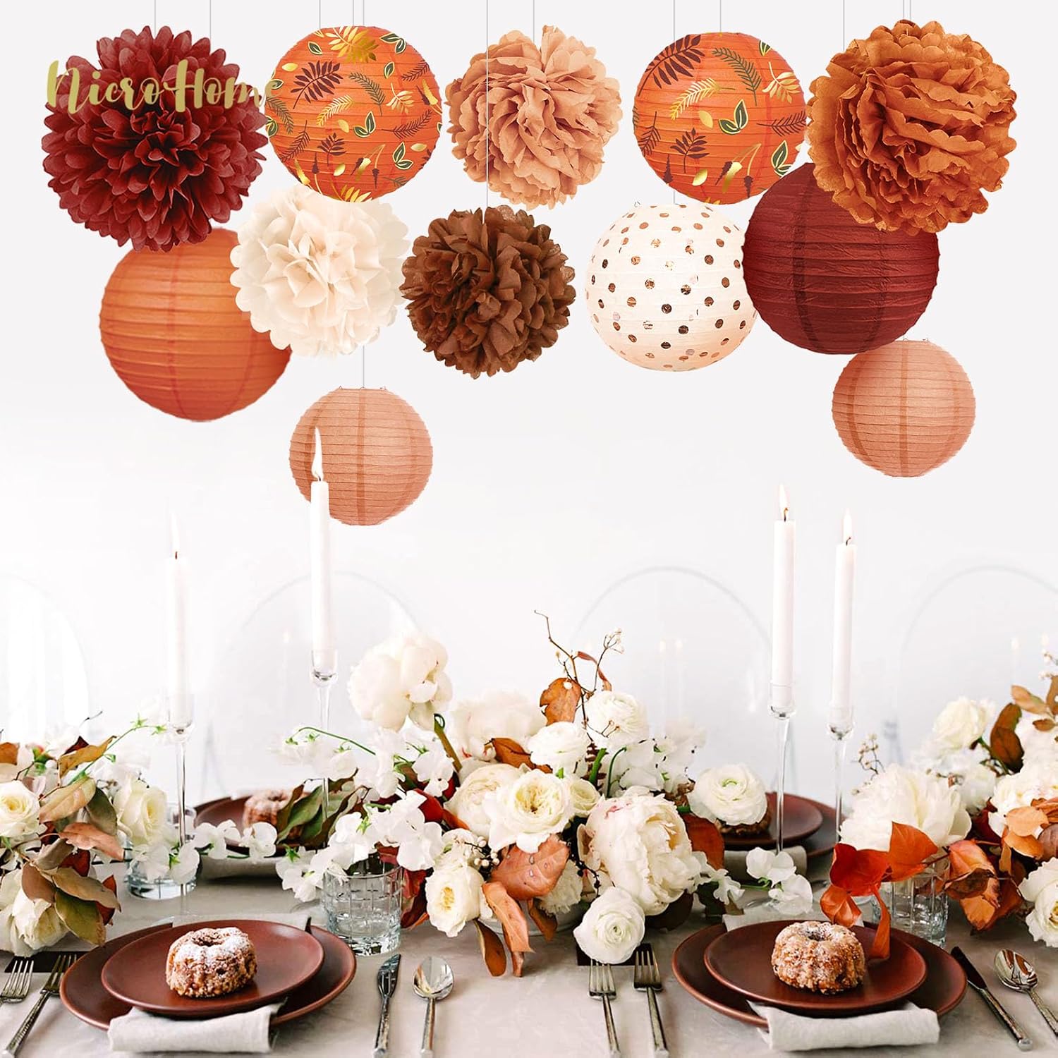 NICROHOME EUR Fall Wedding Decorations, Orange Paper Pom Poms Lanterns Set