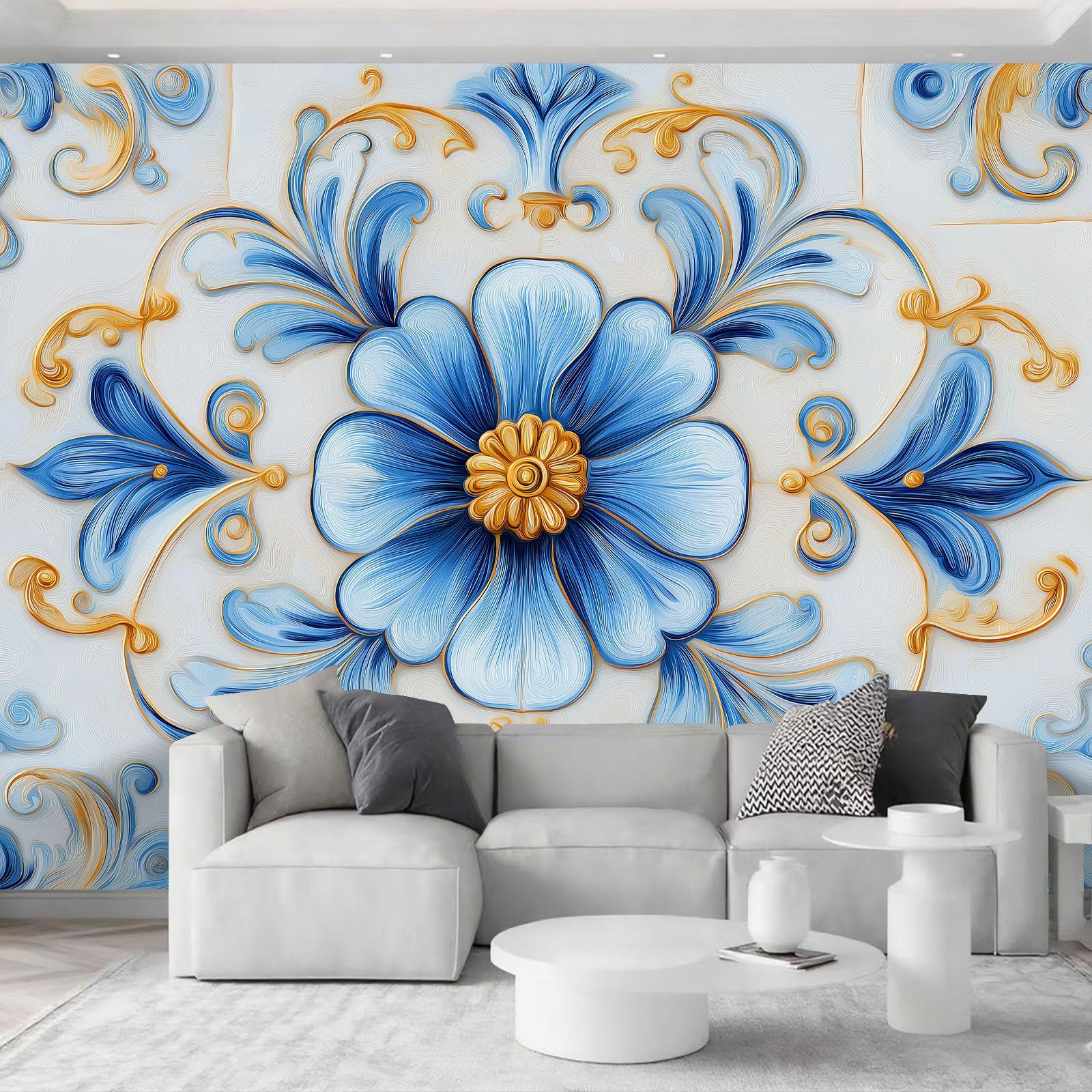 Générique Panoramiczna tapeta z włókniny śródziemnomorskiej ręcznie rysowane salon 400 x 280 cm - Fototapeta kwiatowa dekoracja sypialni, fototapeta z włókniny fototapeta