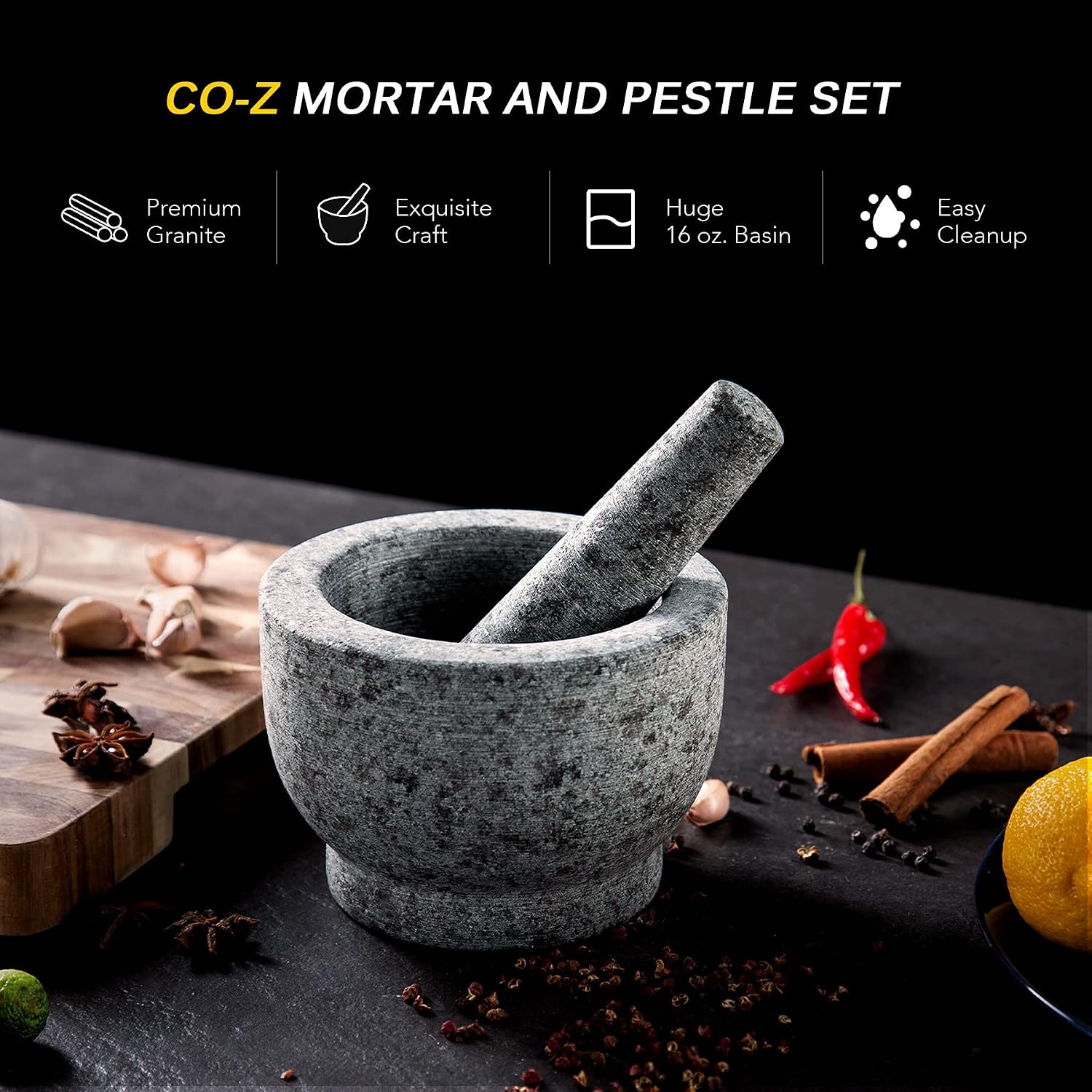 CO-Z Heavy Duty Large Mortar and Pestle Set - 6 Inch - 2 Cup Capacity - Hand Carved from Natural Granite, Unpolished Heavy Granite, Stone Grinder Bowl, Herb Crusher, Grinder for Guacamole Spice Salads