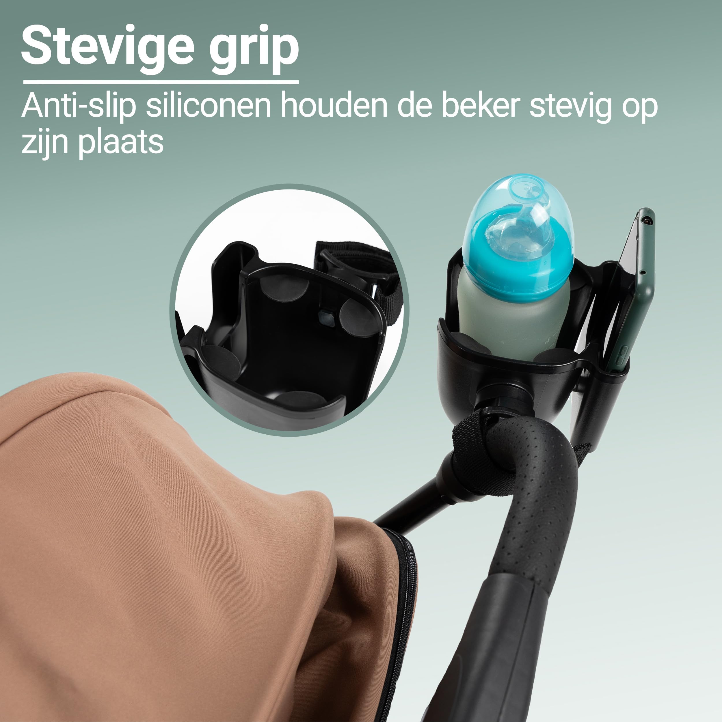 Zamboo Porta bottiglie Carrello con supporto per cellulare | Supporto per bevande universale 2 in 1 per bicchieri - Biberon e smartphone | Girevole a 360° | Facile da montare - Nero