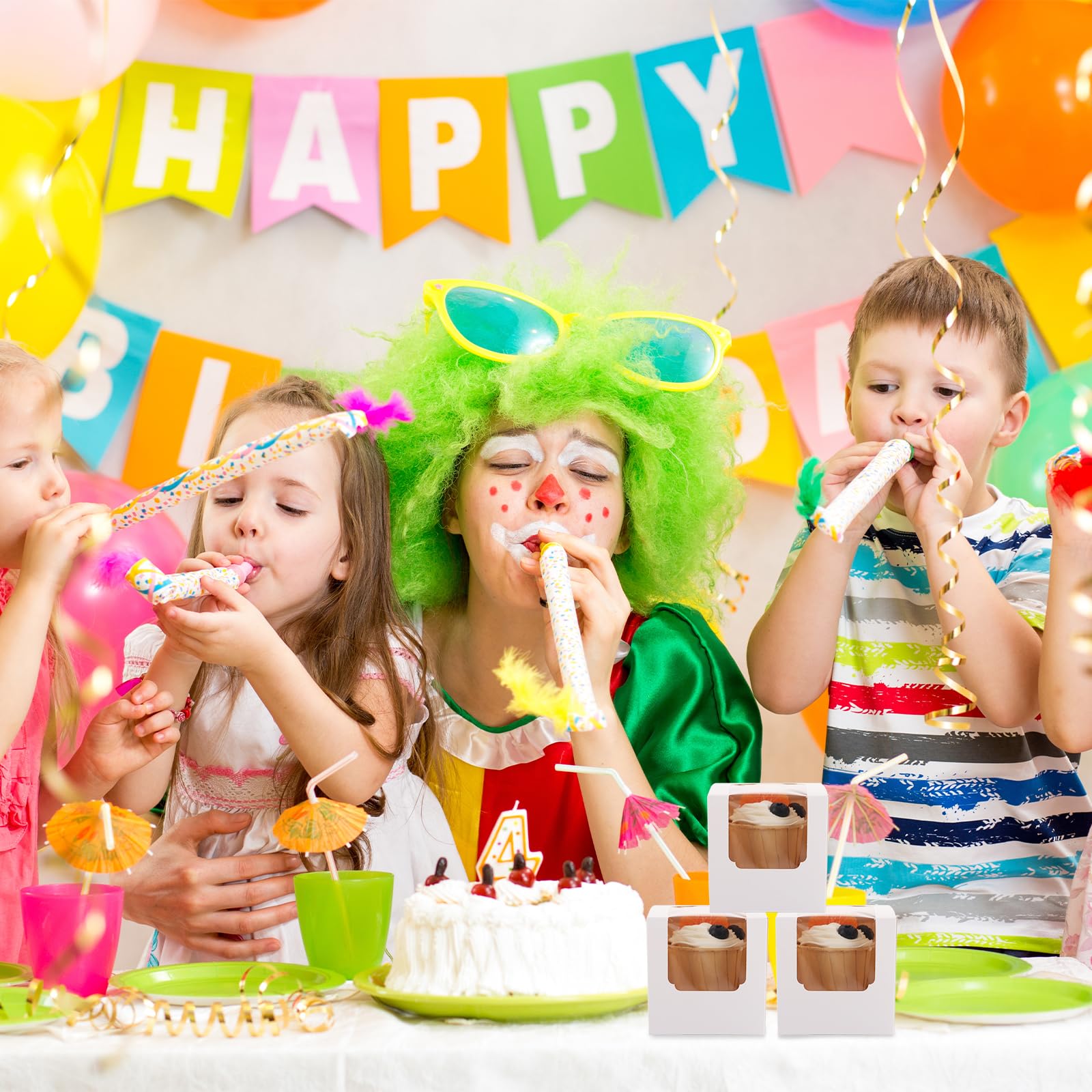 YOUNTHYE 100 cajas individuales para cupcakes, cajas blancas para cupcakes de papel kraft con ventana e insertos, cajas de cupcakes de 9 x 9 x 9 cm para fiestas infantiles, bodas, cumpleaños, Navidad