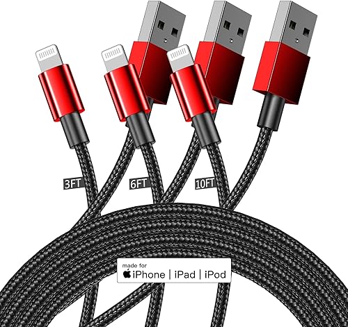 Certificado Apple MFi Cable cargador para iPhone paquete de 3 cables Lightning premium 3610 pies compatible con iPhone 131211XSX876SEiPad rojo