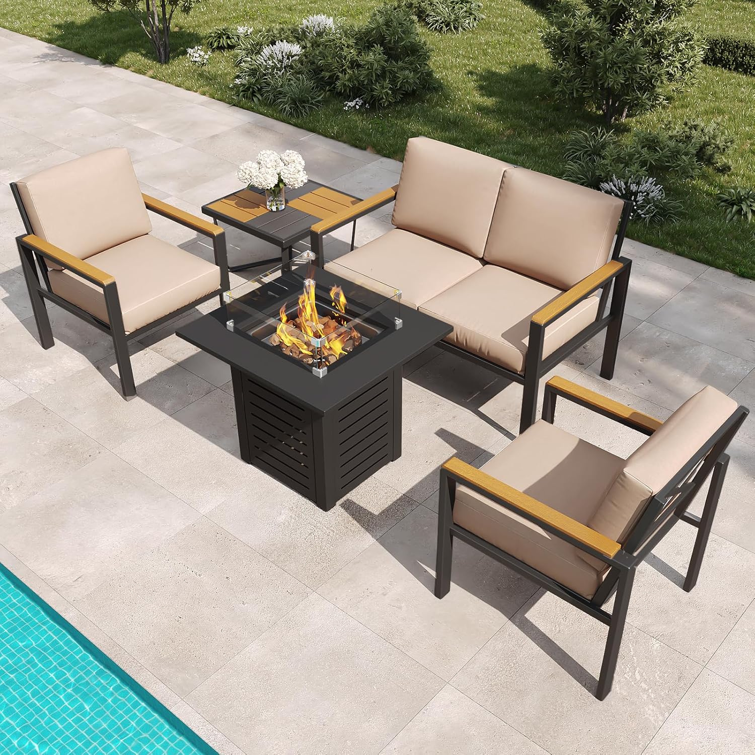 5-Piece Patio Furniture Set with 28” Propane Fire Pit Table, Heavy-Duty Metal Outdoor Conversation Set with Deep Cushions & Wood-Like Armrests for Patio, Porch, Backyard, Garden – Brown