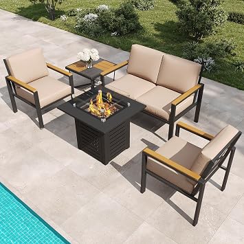 5-Piece Patio Furniture Set with 28 Propane Fire Pit Table, Heavy-Duty Metal Outdoor Conversation Set with Deep Cushions & Wood-Like Armrests for Patio, Porch, Backyard, Garden Brown