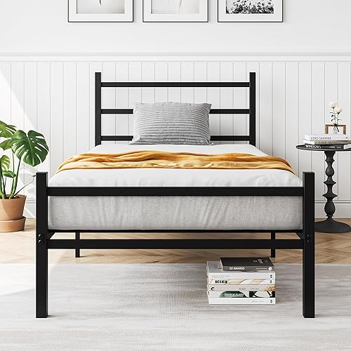 FOUBAM Twin Size Metal Bed Frame Mattress Foundation with Heavy Duty Strong Steel Slat Support, Metal Platform Bed Frame with Victorian Style