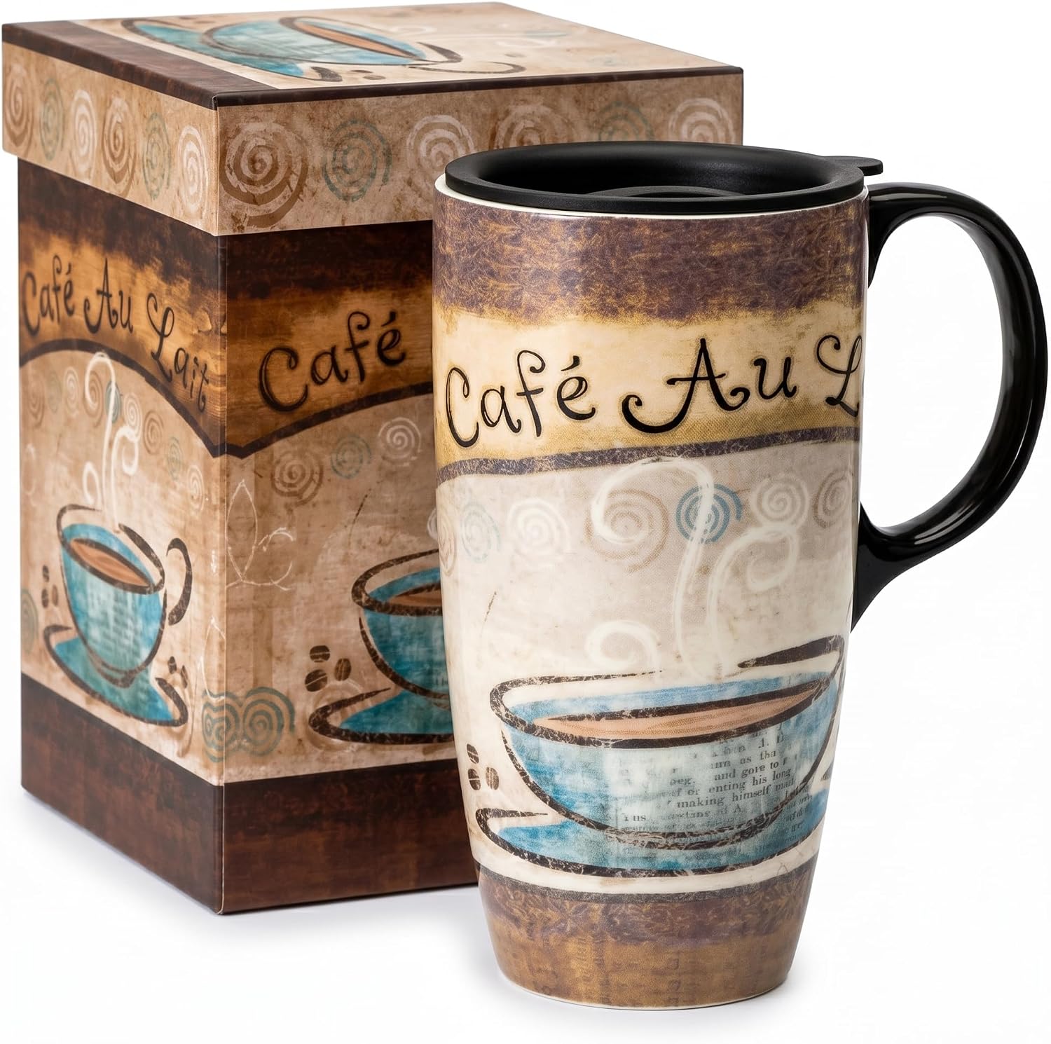 Topadorn 17oz Ceramic Travel Mug with Lid, French Café Coffee Mug with Handle, Vintage Latte Cup for Coffee Tea Cocoa, Microwave & Dishwasher Safe, Gift Box Included
