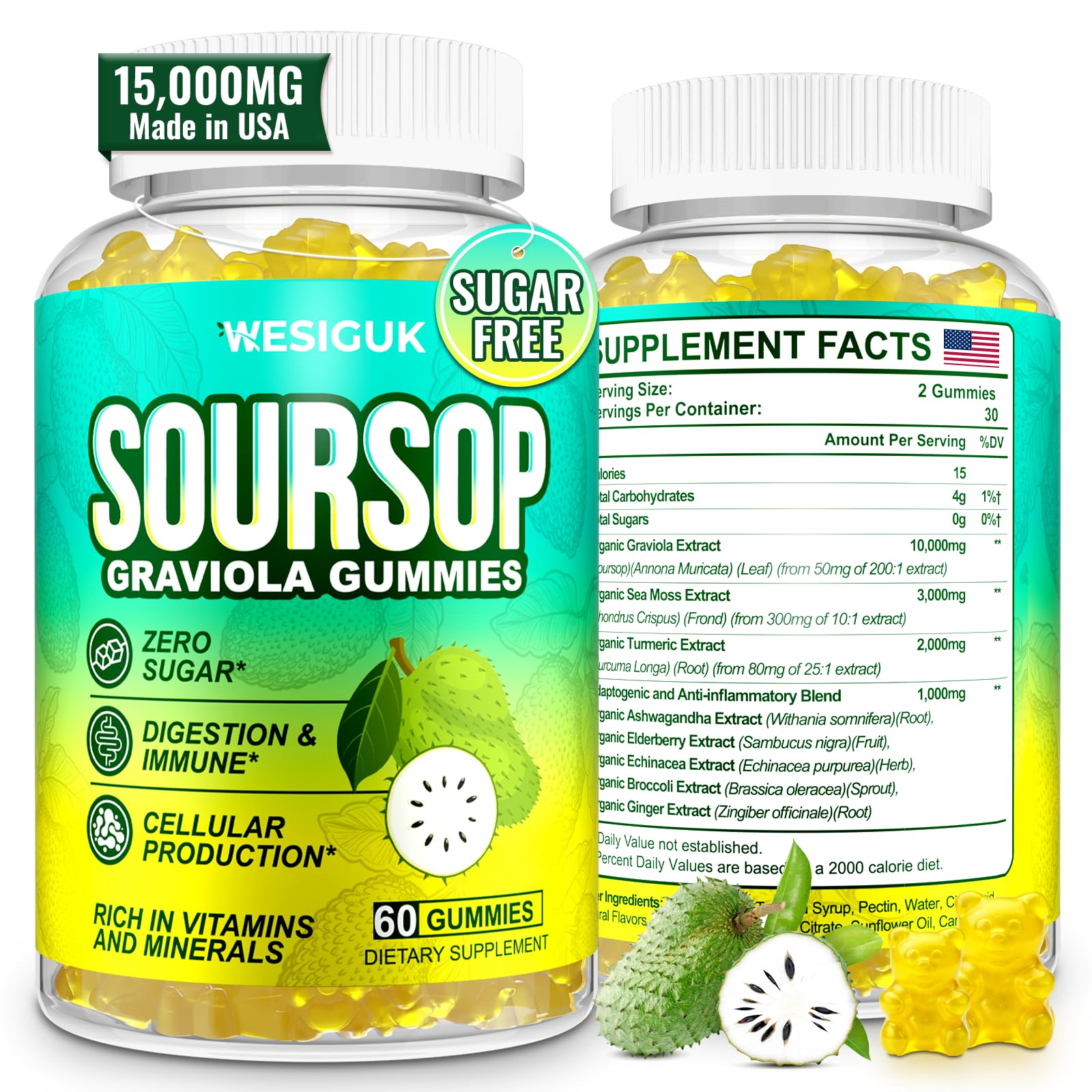 Soursop Graviola Gummies, Max Strength Soursop Leaves Extract with Sea Moss, Turmeric for Cell Support & Regeneration, Immunity, Liver and Antioxidant, Sugar/Gluten Free, Vegan - 60 Soursop Gummies