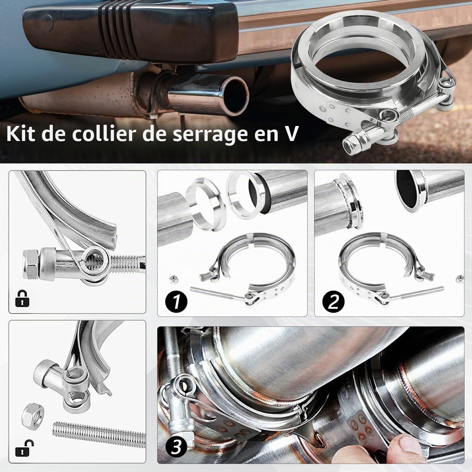 Kit De 2 Colliers De Serrage V-Band En Acier Inoxydable ø 63,5 Mm (2,5") Kit De Colliers V-Band Pour éChappement Automobile Avec Bagues De Centrage Et Collier Pour Durite De Turbo Couleur Argent
