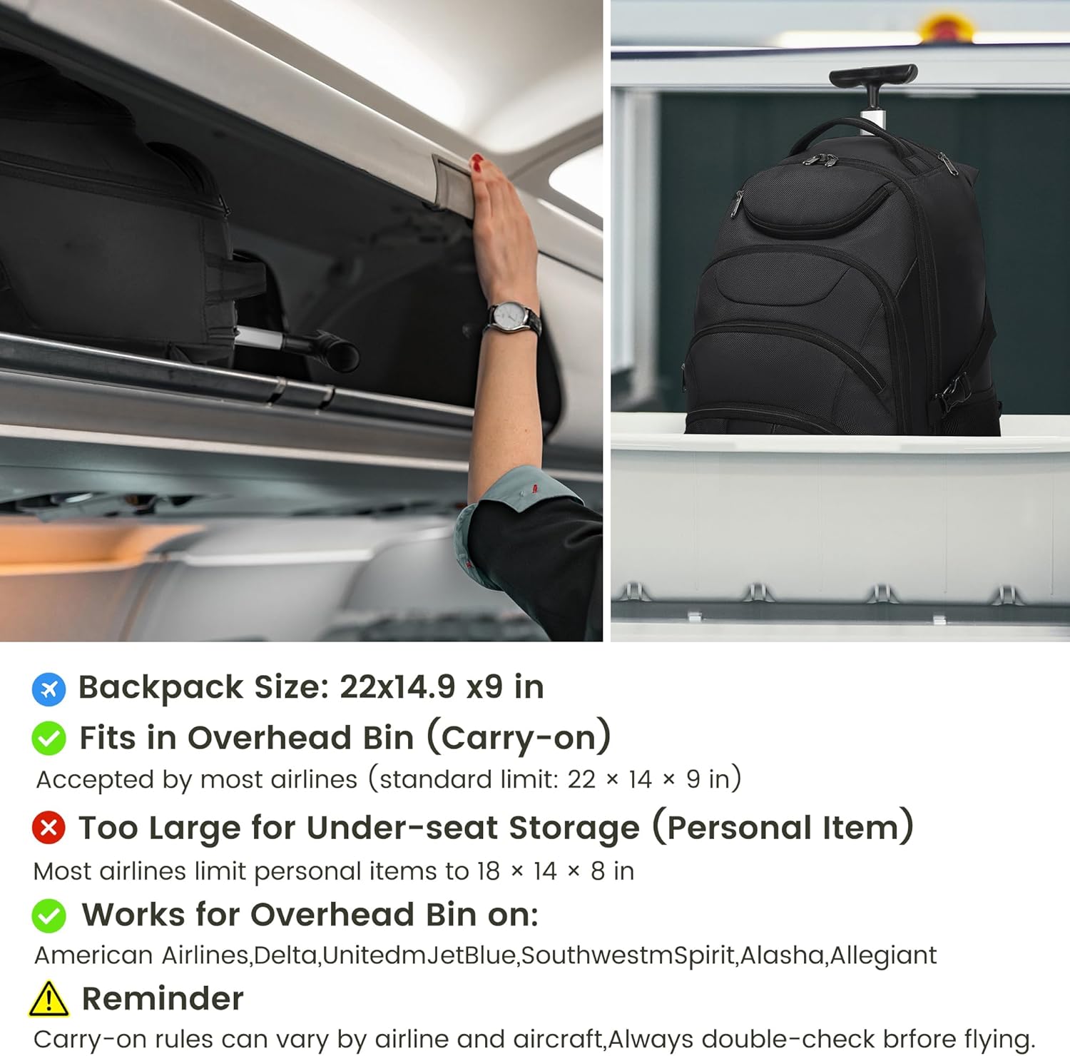 Boavan Wheeled Backpack,18.4 inch Water Resistant Rolling Backpack,Carry on Luggage Business Bag, Overnight College Computer Backpacks Trolley Suitcase for Men Women Adults to Travel，Black