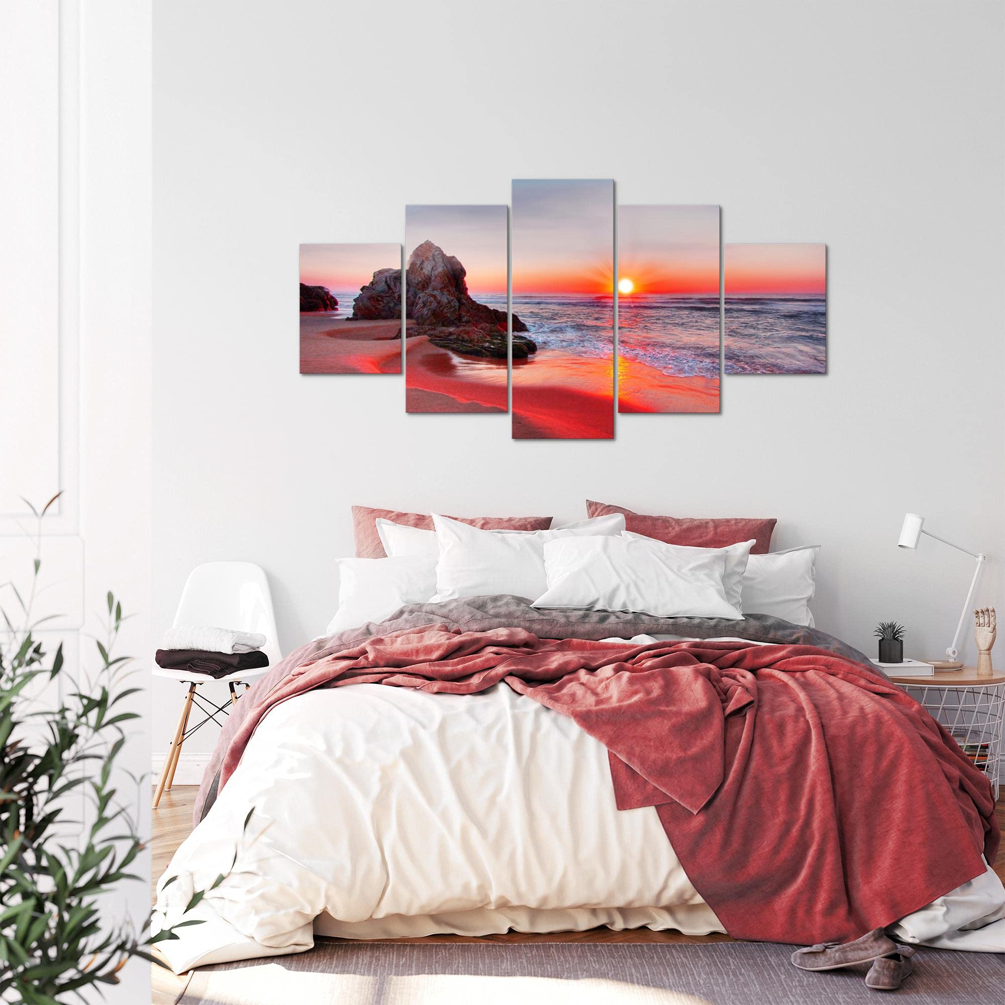 Runa Art - Quadri Tramonto Spiaggia 200 x 100 cm 5 Pezzi XXL Decorazione Murale Design Rosso 609551b