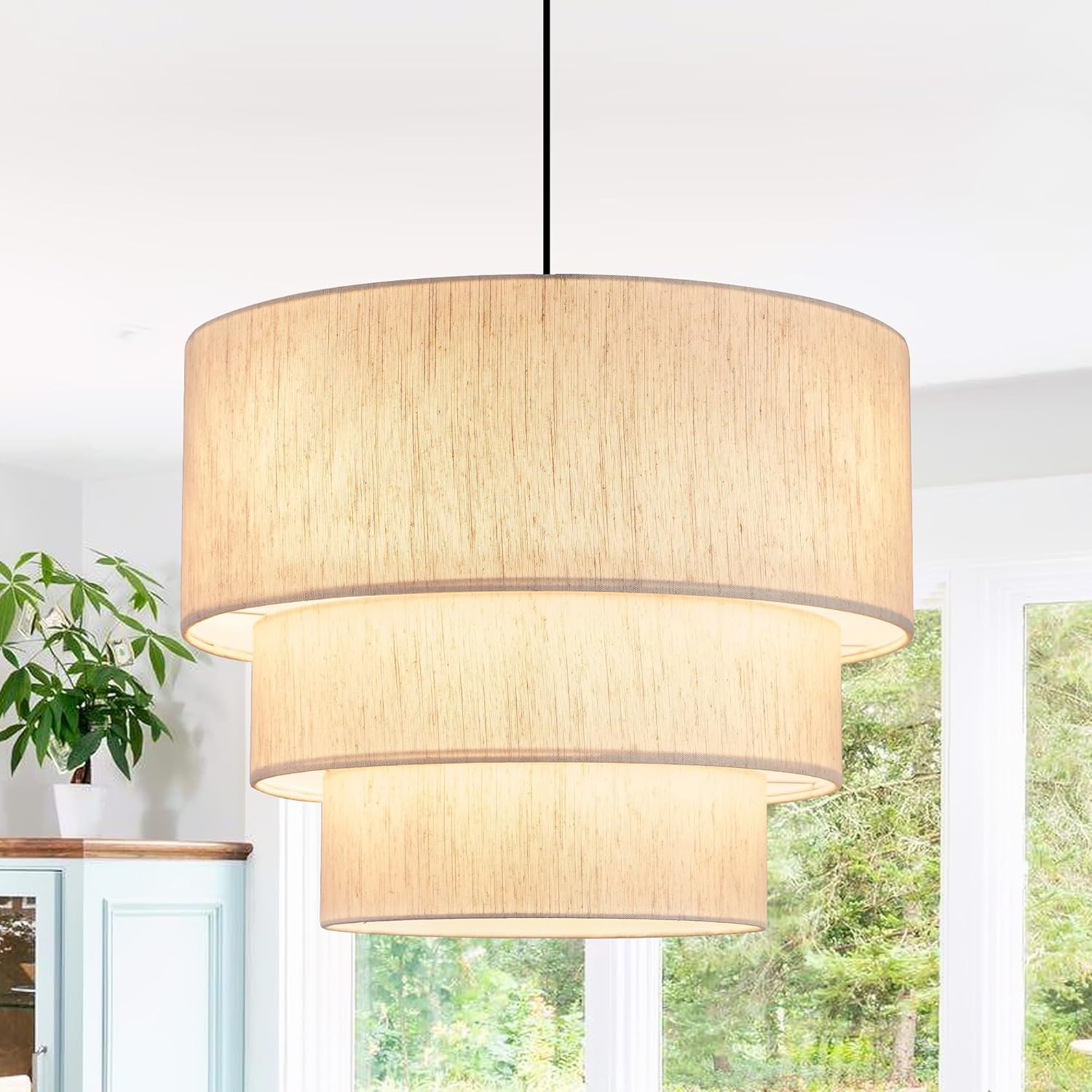 19.7" Linen Drum Pendant Light, Drum Light Chandelier Pendant Lights Kitchen Island Lighting, 3 Tier Large Farmhouse Pendant Hanging Light Dining Room Pendant Chandelier for Foyer Hallway Drum Pendant Lights