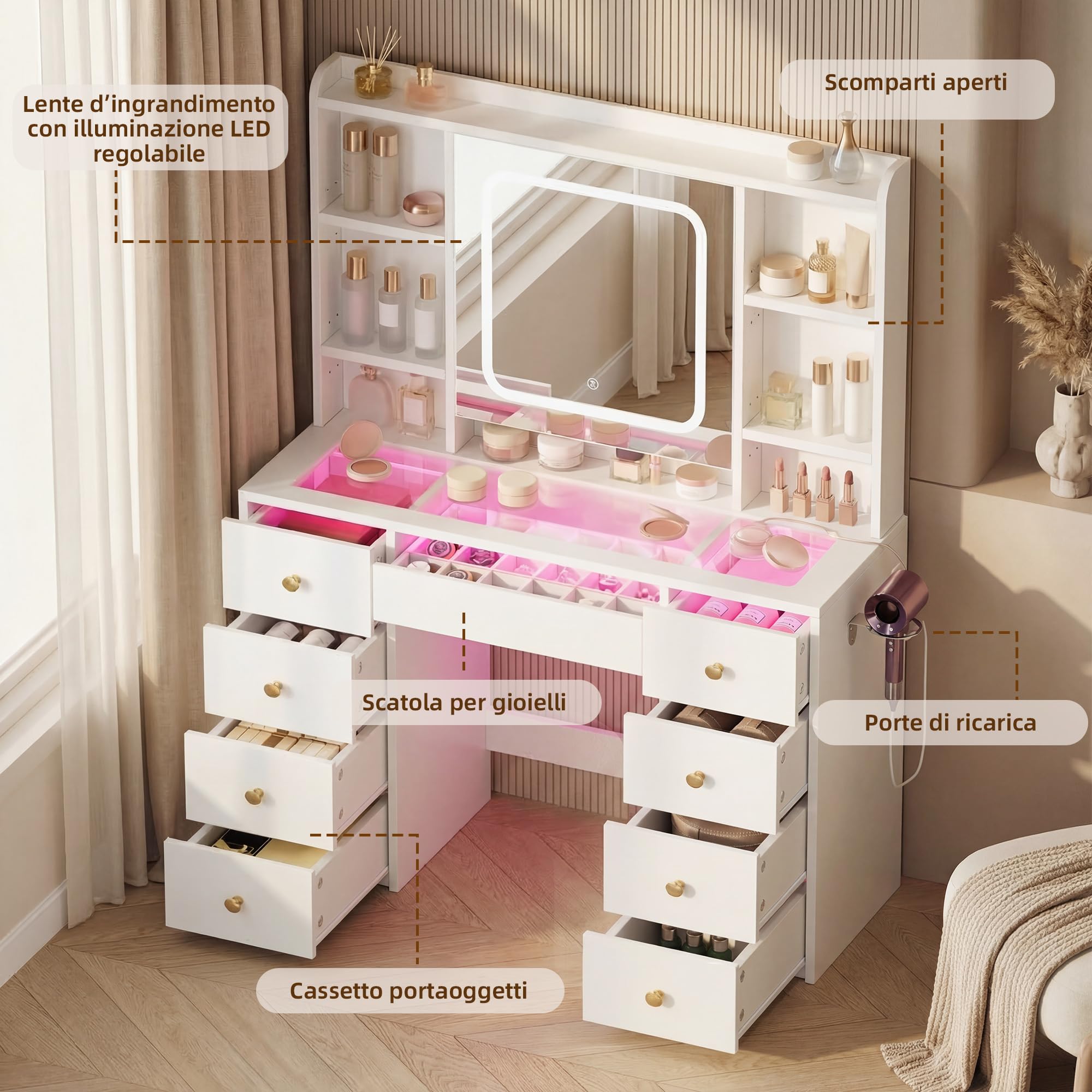 Toeletta Trucco con Luci LED Regolabili e Prese, Tavolo da Trucco con Specchio, Organizer, 9 Cassetti, 7 Ripiani, Porta Phon, per Camera da Letto e Cabina Armadio, Bianco JBDT001WT