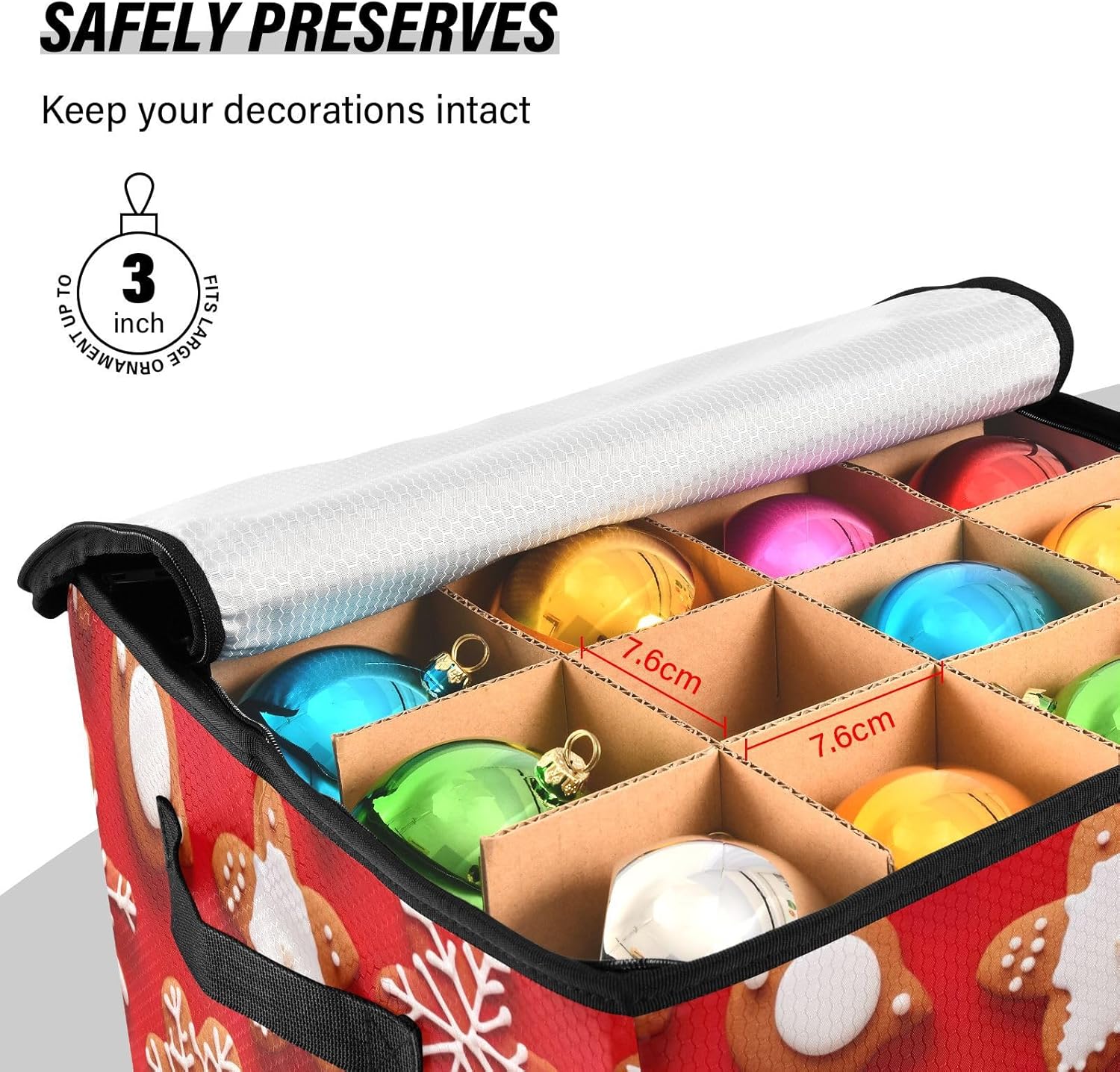 Christmas Snowflake Gingerbread Christmas Ornament Storage Box for Next Season Holiday Decorations Storage Container with Adjustable Dividers & Lid Collapsible Storage Boxes for Decor Ornaments Balls