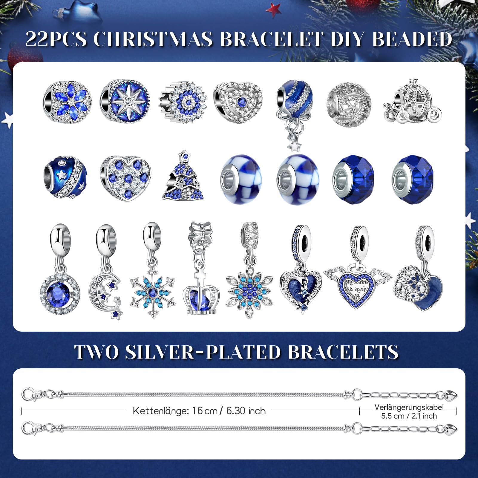 KAZATE Calendario dell'Avvento 2024 Donna Gioielli Bracciale,Calendario Avvento Ragazza Sorprese Regali,Bambina Natalizi Ciondoli Kit 2 Catene 22 Charms Accessori fai da te Perline Blue