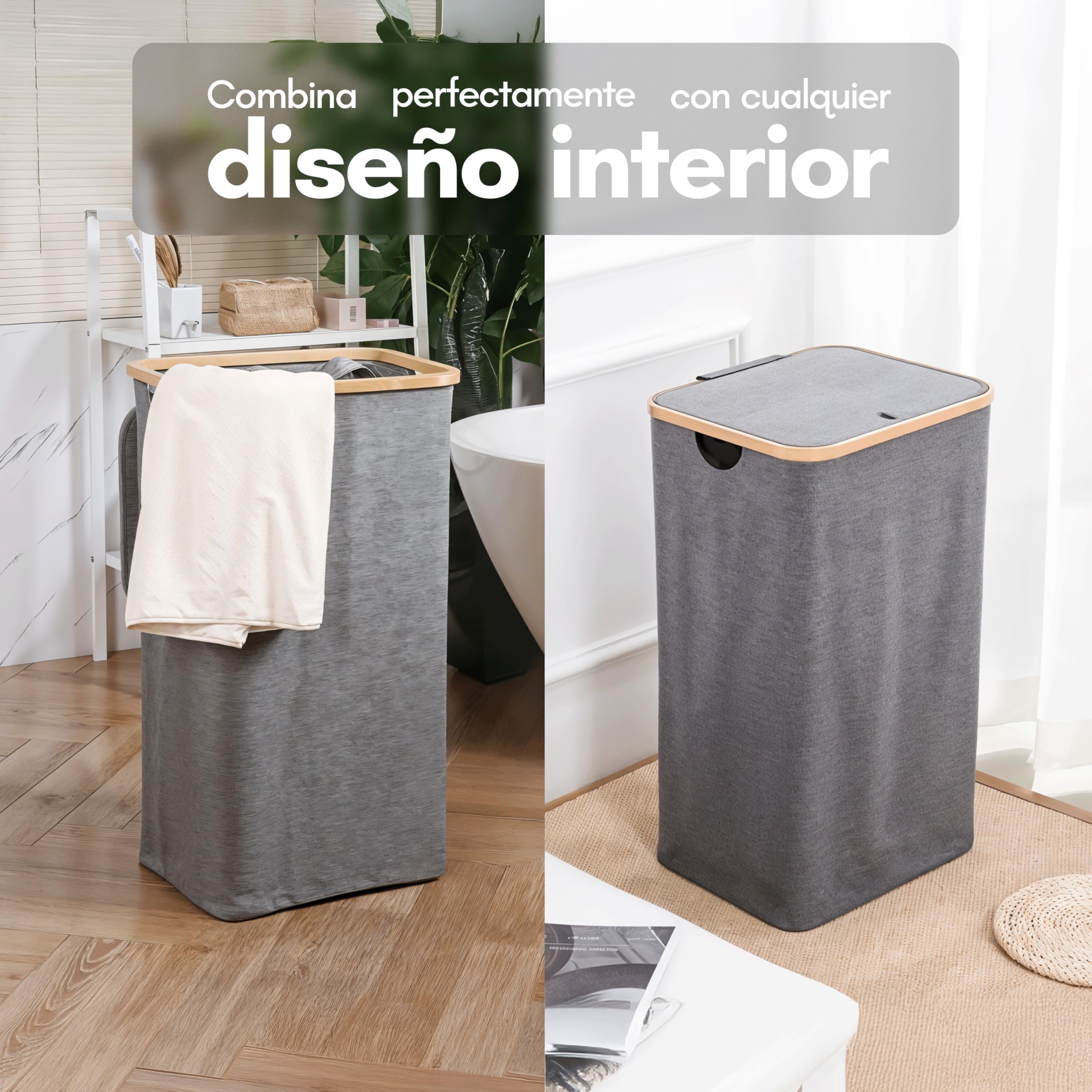 Cesto de ropa sucia con tapa, baúl de lavandería con 2 compartimentos, 100 litros, estrecho y alto, tejido Oxford, estructura estable, gris