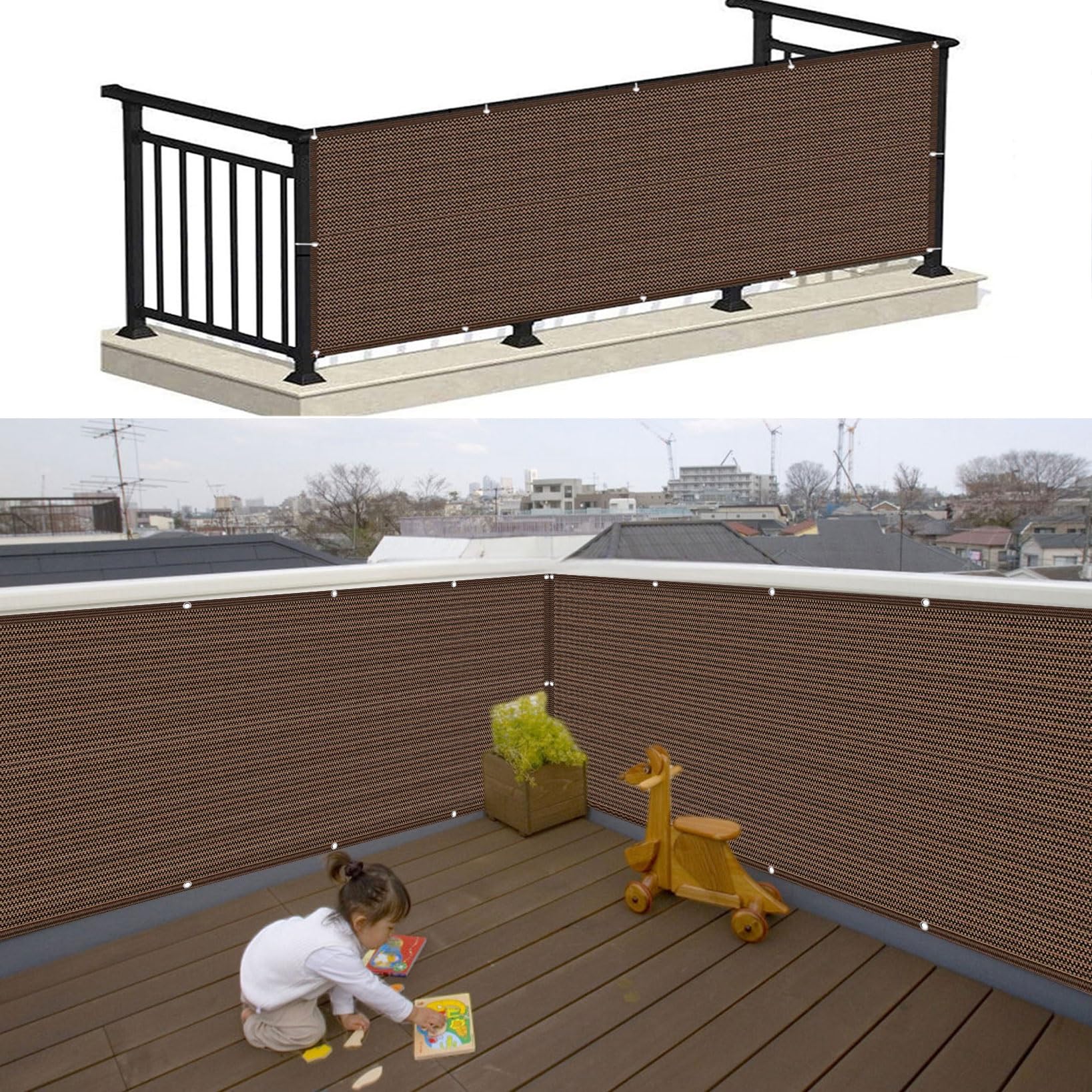 Osłona Ekranu Chroniąca Balkon 145 x 225 cm Stopień Zacienienia 90%. Ekrany Prywatności Na Zewnątrz Odporne Na Rozdarcie Na Zewnątrz, Do Ogrodu, brązowy