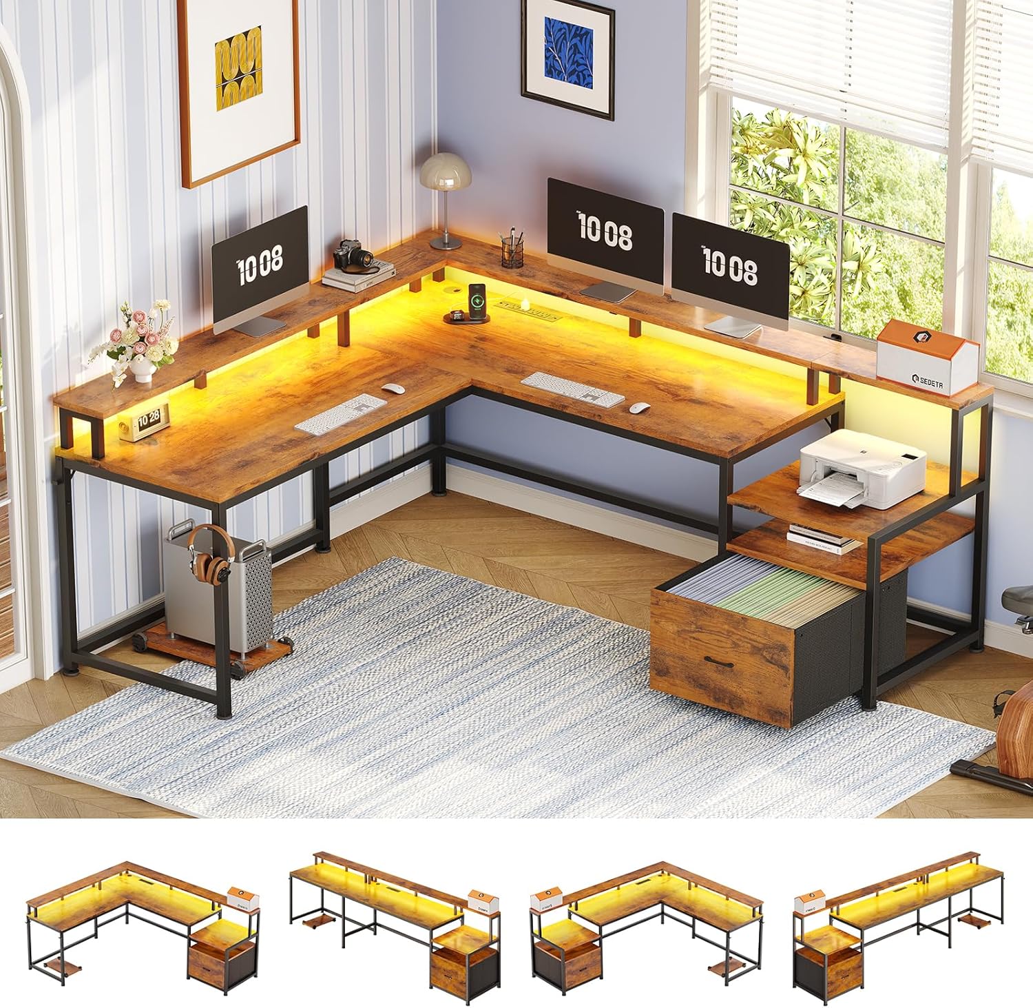 SEDETA 66" L Shaped Desk with Power Outlet, Reversible Home Office Computer Desk with File Drawer & Monitor Shelf, Storage Shelves, LED Lights, Rustic Brown for Corner Small Spaces