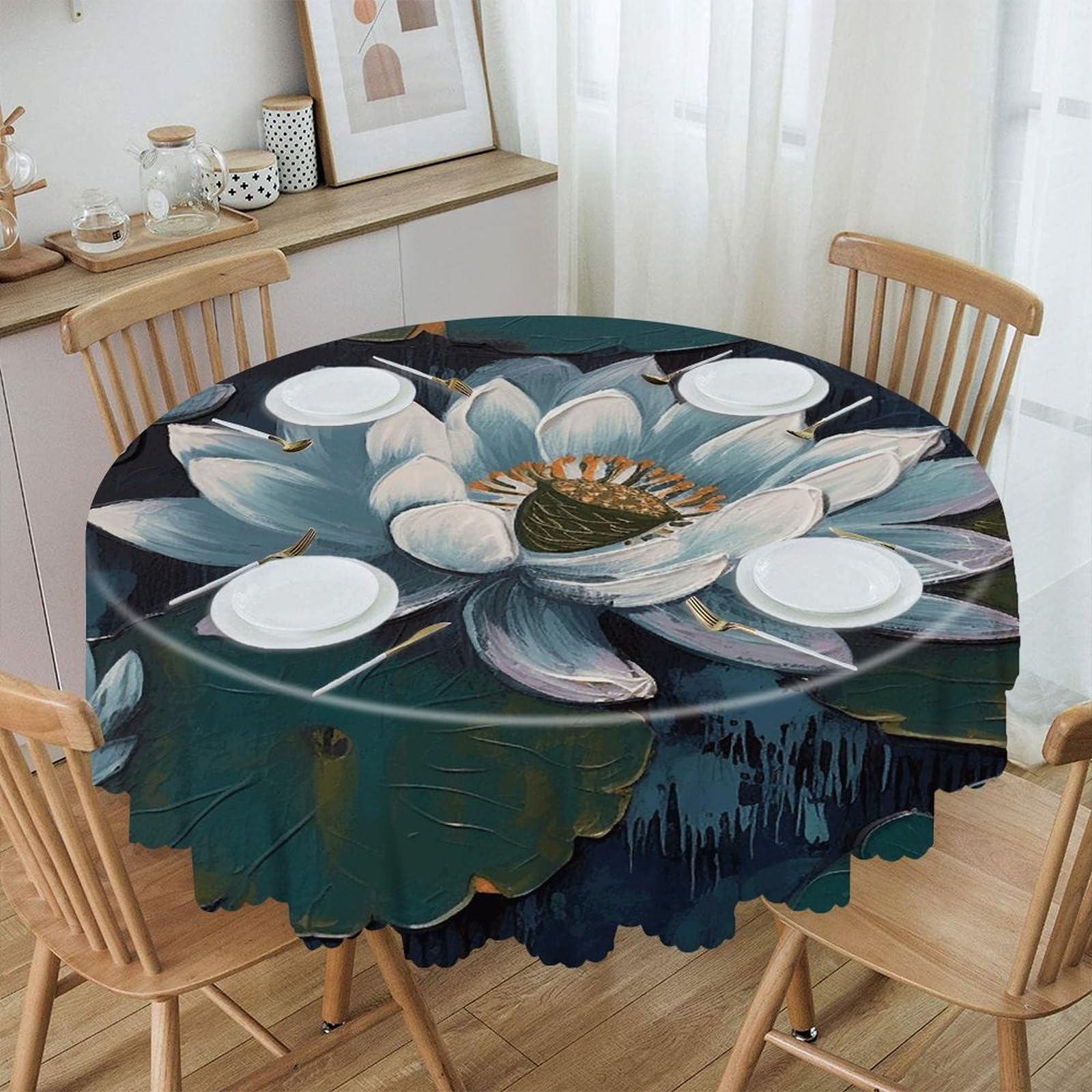 LZQPOEAS Hand Painted Lotus Round Tablecloth Rustic Circle Table Cloth Wrinkle Resistant Decor Tablecloth Waterproof Washable Table Cover for Kitchen Party Dining Table 60 Inch