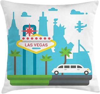 Ambesonne Las Vegas Throw Pillow Cushion Cover, Cartoon Limo and City Sign with Famous Architecture Silhouettes in Background, Decorative Square Accent Pillow Case, 28" X 28", Multicolor